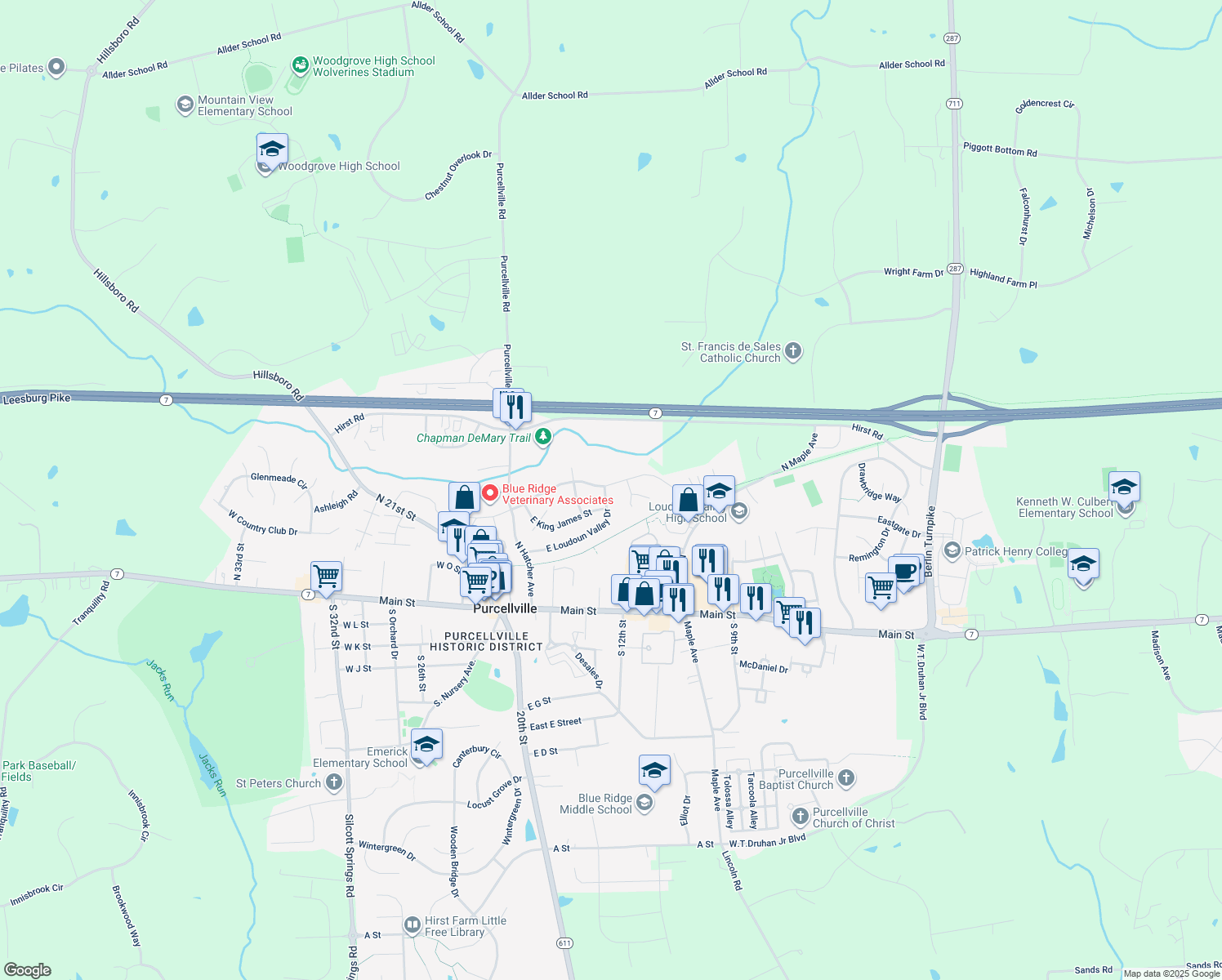 map of restaurants, bars, coffee shops, grocery stores, and more near 446 East Loudoun Valley Drive in Purcellville