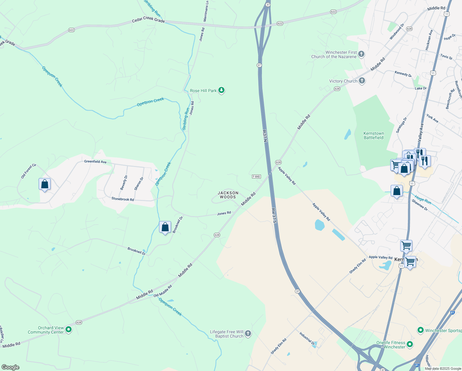map of restaurants, bars, coffee shops, grocery stores, and more near 116 Stuart Dr in Winchester
