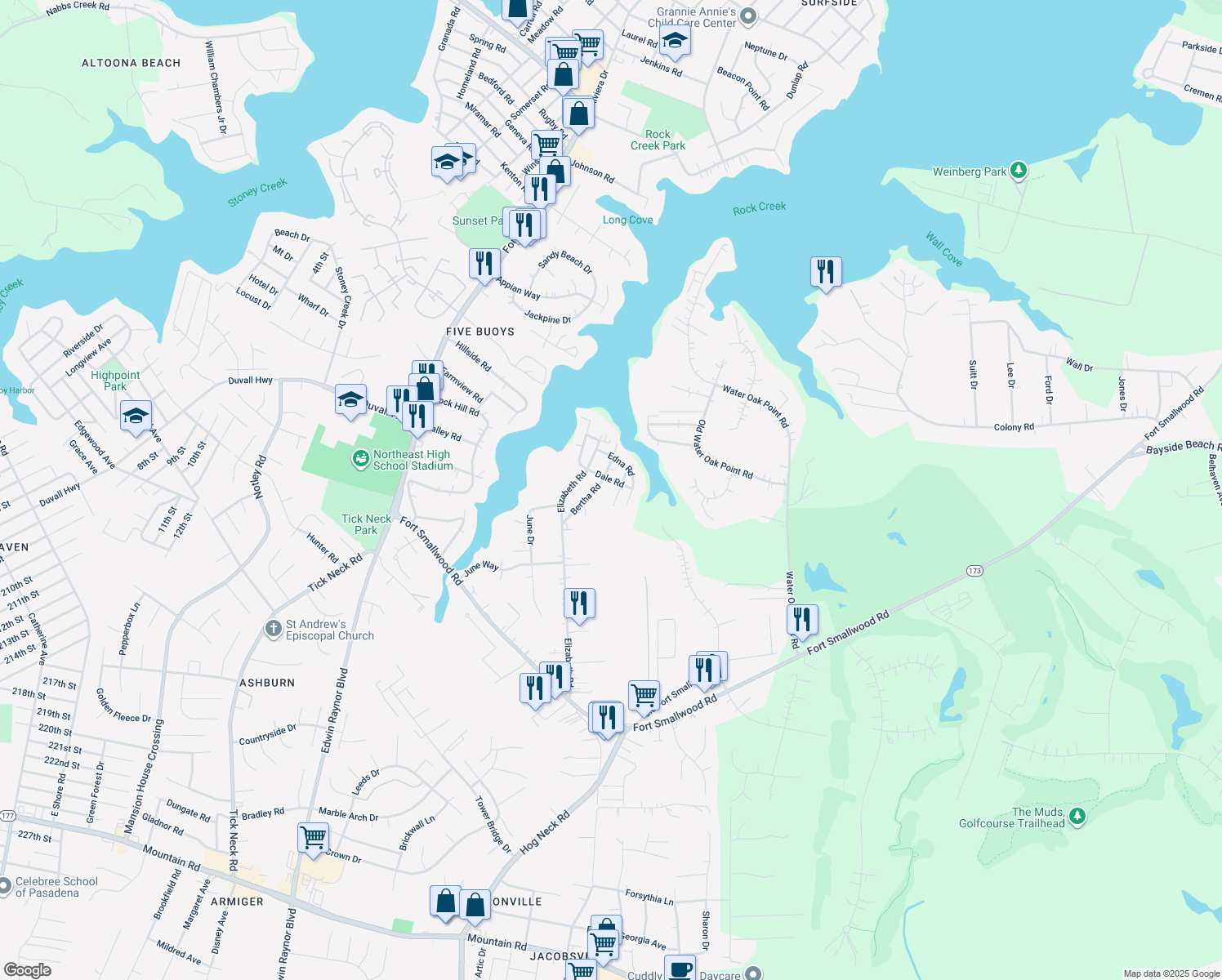 map of restaurants, bars, coffee shops, grocery stores, and more near 7814 East Road in Pasadena