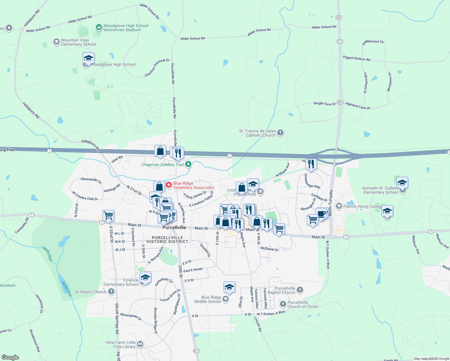 map of restaurants, bars, coffee shops, grocery stores, and more near 508 East Skyline Drive in Purcellville