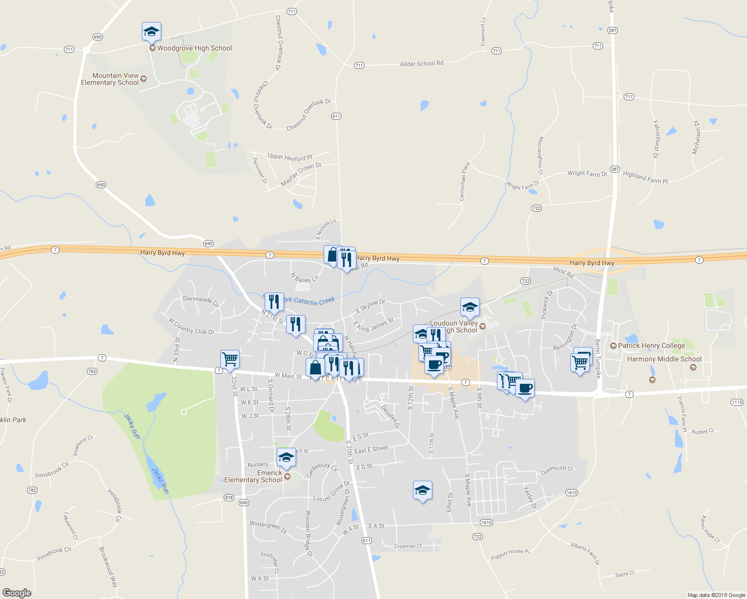 map of restaurants, bars, coffee shops, grocery stores, and more near 241 East Skyline Drive in Purcellville