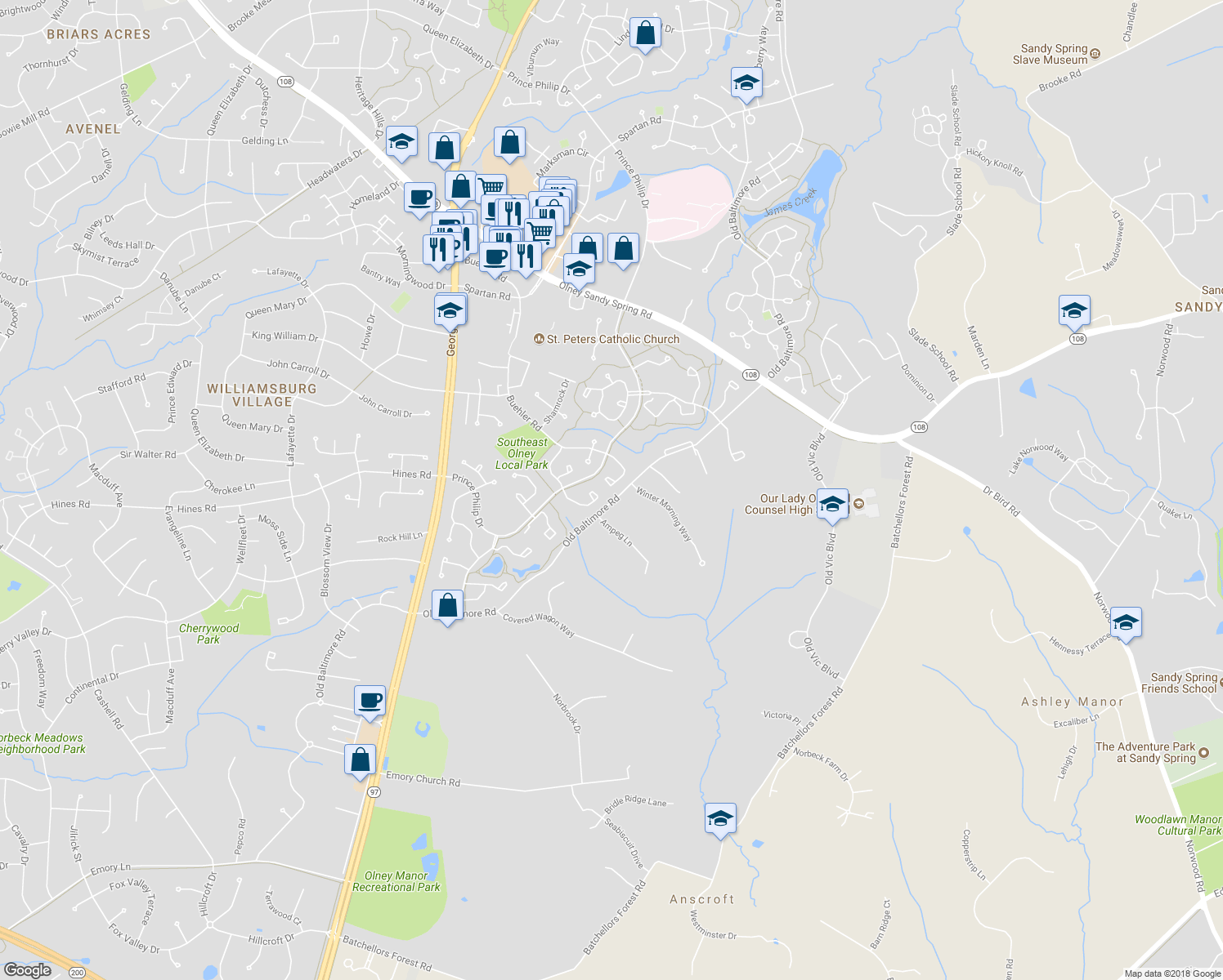 map of restaurants, bars, coffee shops, grocery stores, and more near 17309 Buehler Road in Olney