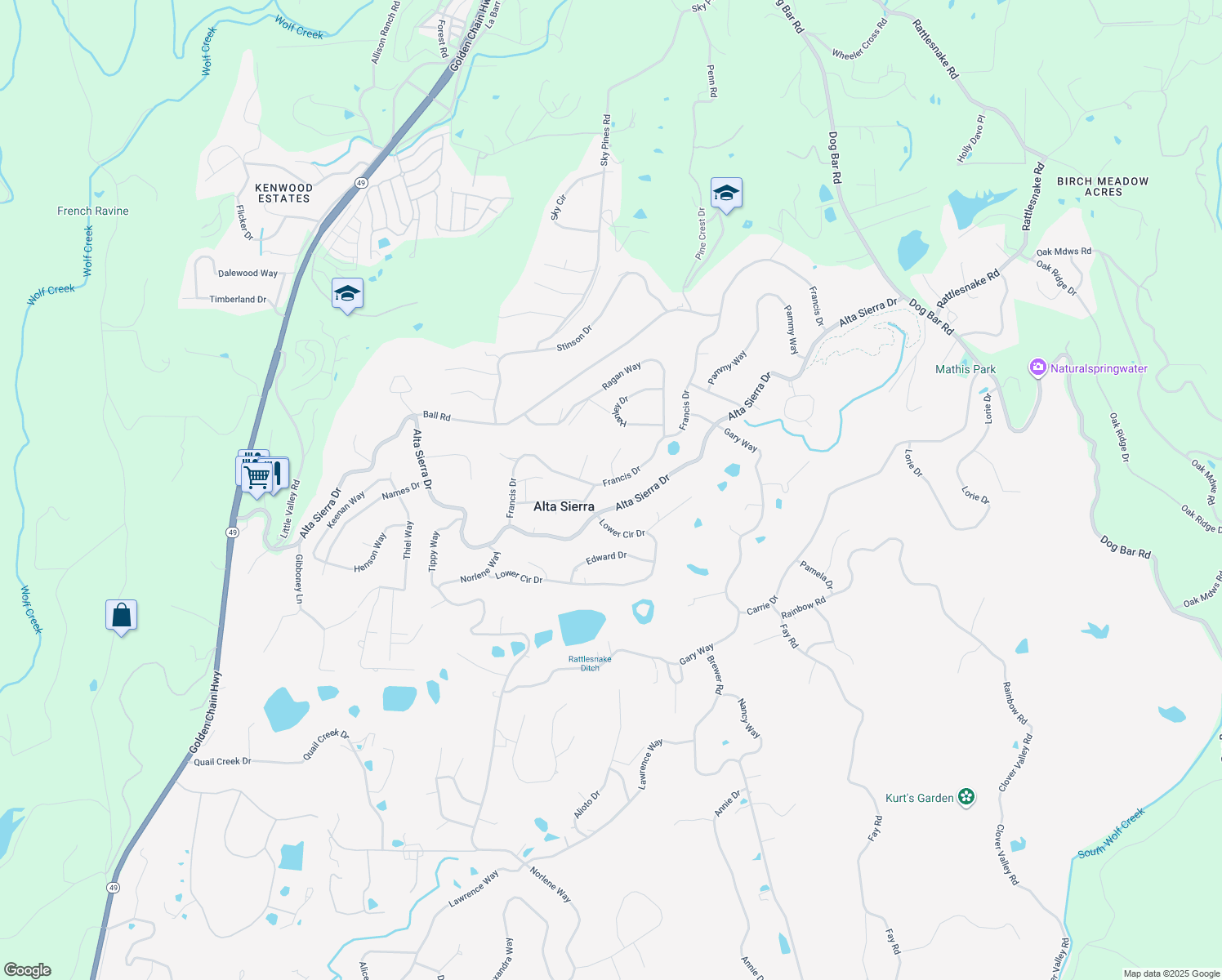 map of restaurants, bars, coffee shops, grocery stores, and more near 11843 Francis Drive in Grass Valley