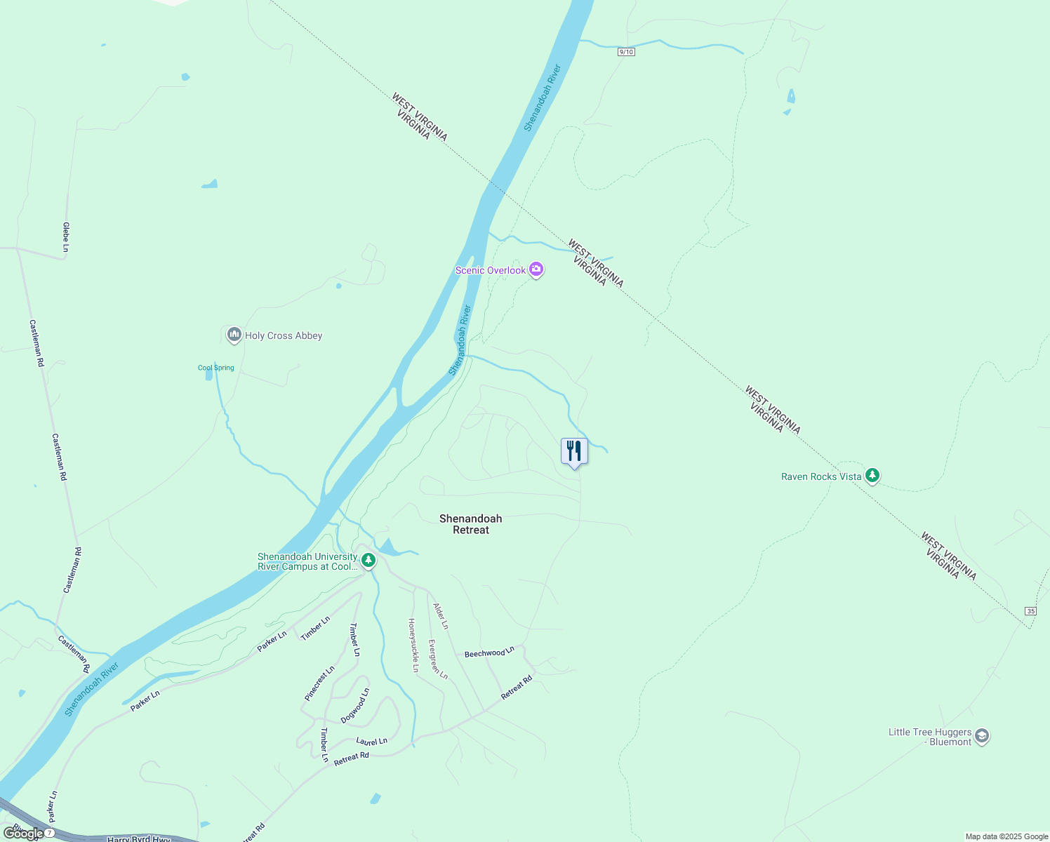 map of restaurants, bars, coffee shops, grocery stores, and more near 52 Honeysuckle Court in Shenandoah Retreat