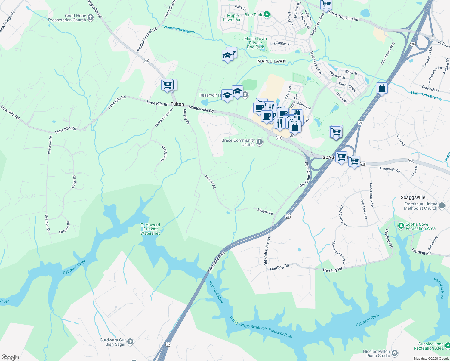 map of restaurants, bars, coffee shops, grocery stores, and more near 8325 Murphy Rd in Fulton