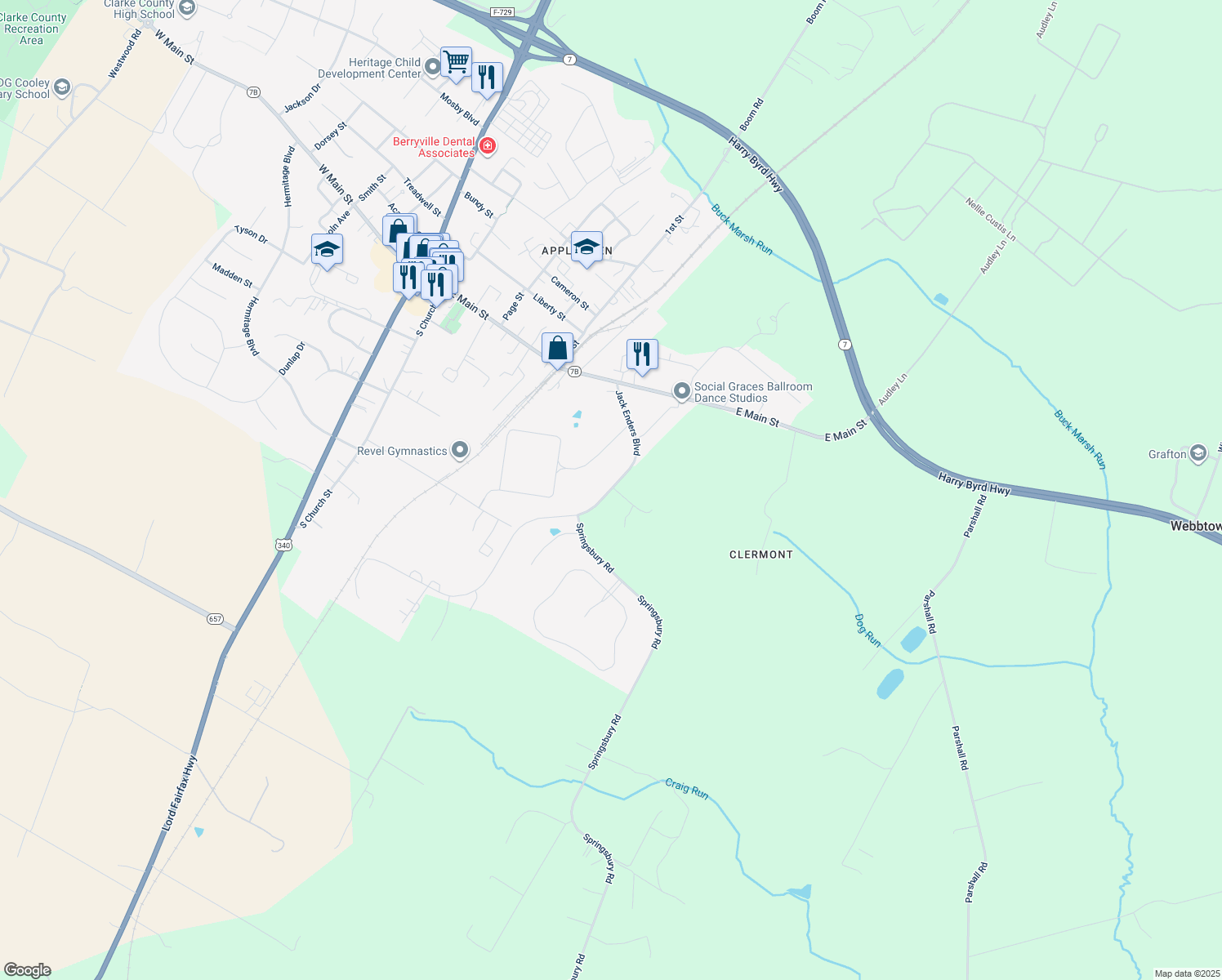 map of restaurants, bars, coffee shops, grocery stores, and more near 112 Jack Enders Boulevard in Berryville