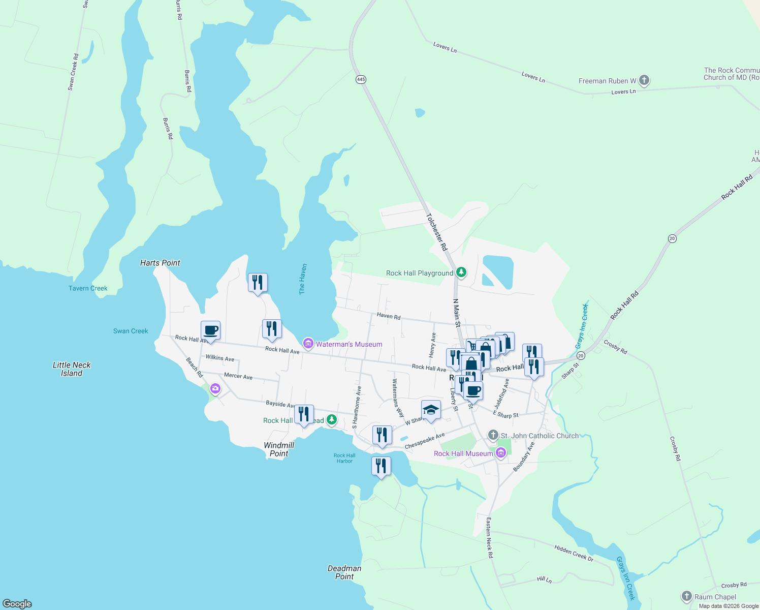 map of restaurants, bars, coffee shops, grocery stores, and more near 5978 Boyce Ln in Rock Hall