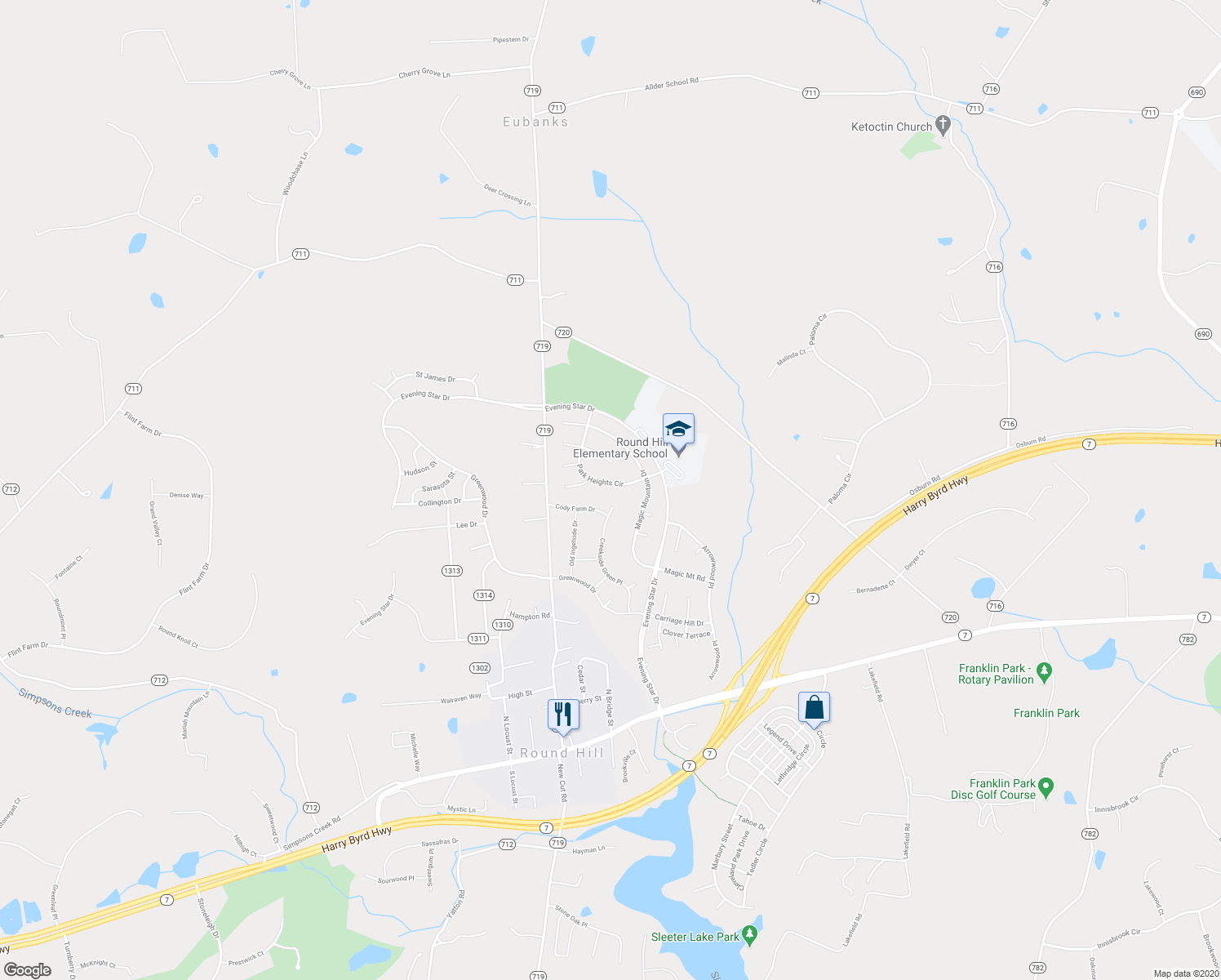 map of restaurants, bars, coffee shops, grocery stores, and more near 35797 Park Heights Circle in Round Hill