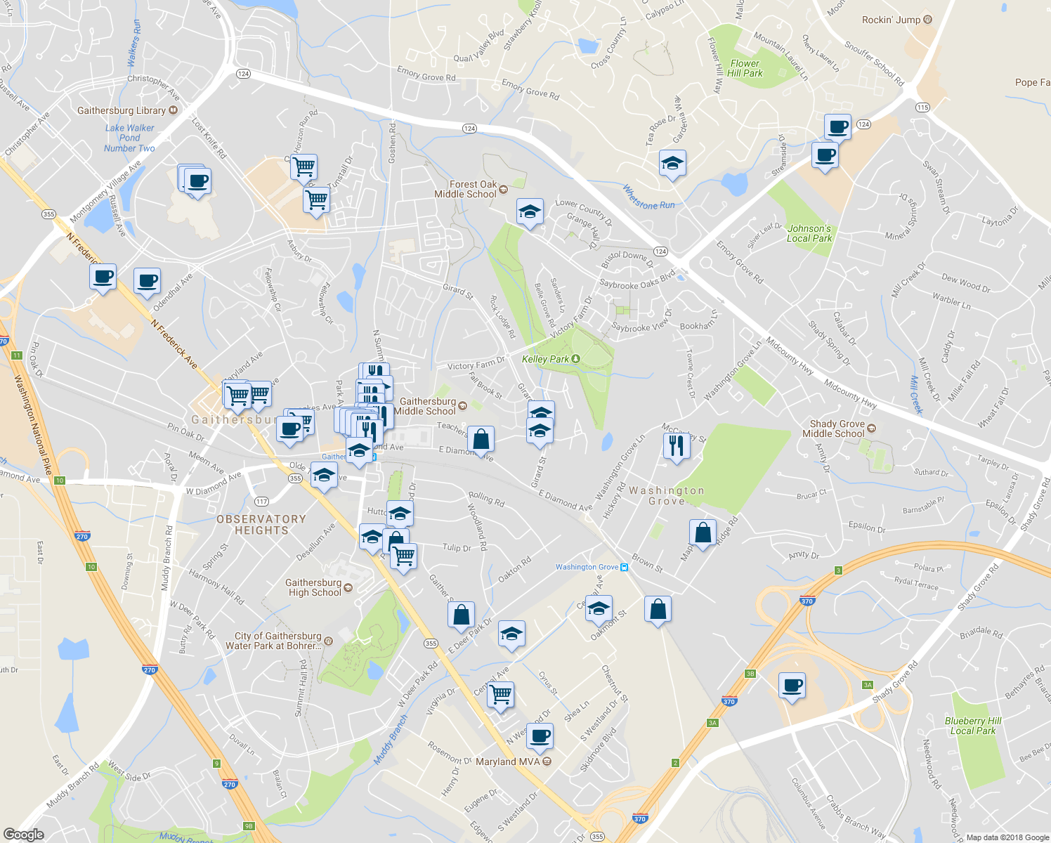 map of restaurants, bars, coffee shops, grocery stores, and more near 108 Bowsprit Court in Gaithersburg