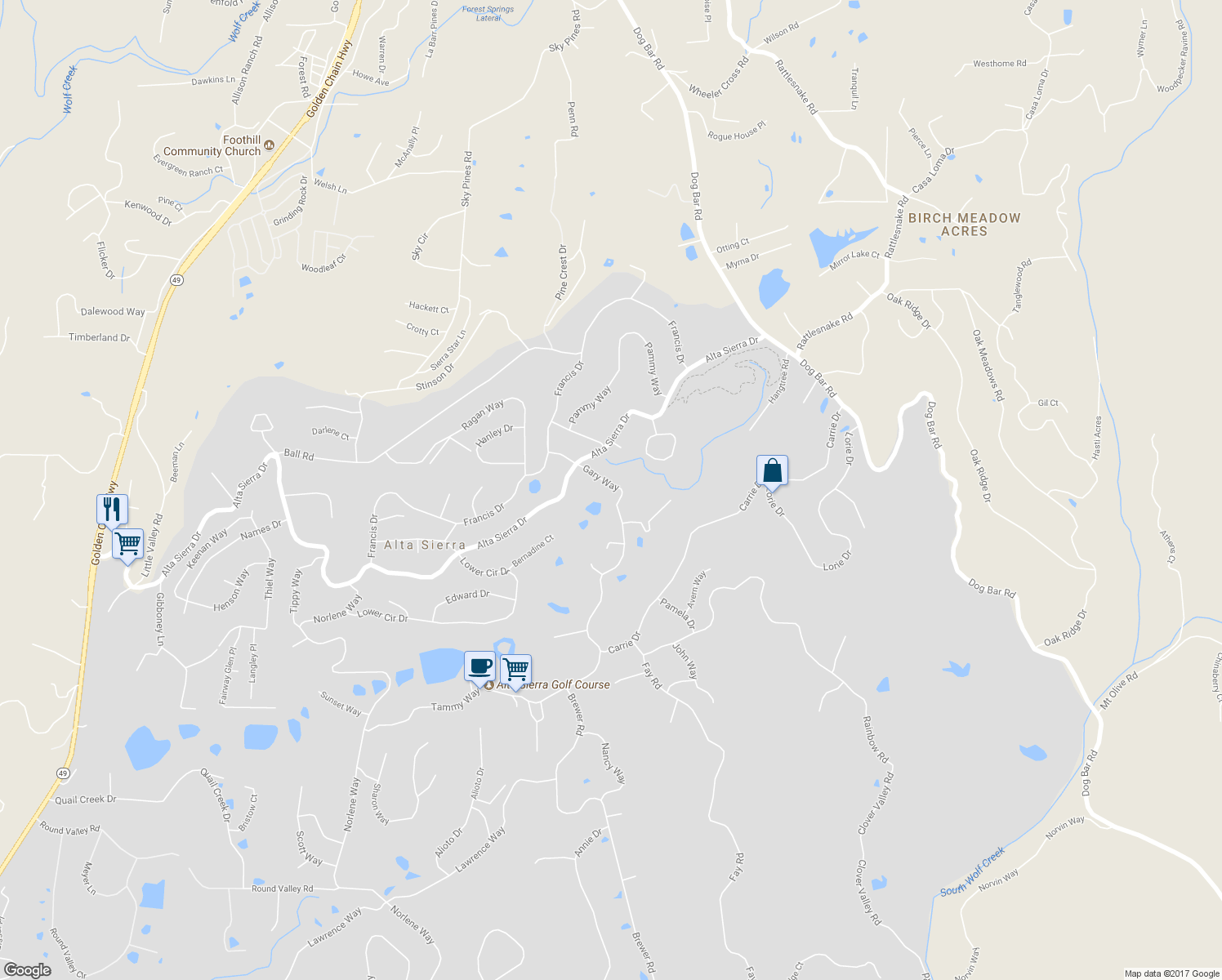 map of restaurants, bars, coffee shops, grocery stores, and more near 15452 Gary Way in Grass Valley