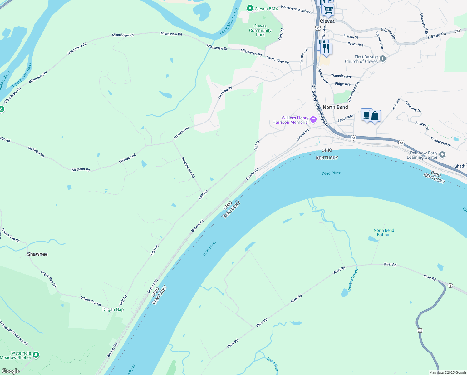 map of restaurants, bars, coffee shops, grocery stores, and more near 9586 Brower Road in North Bend