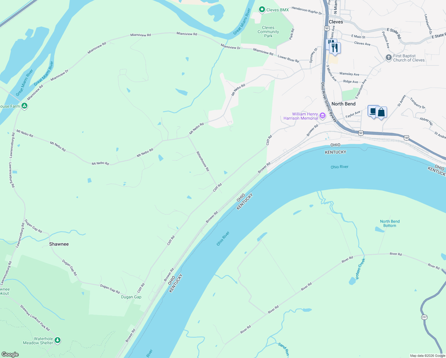 map of restaurants, bars, coffee shops, grocery stores, and more near 2571 Cliff Road in North Bend