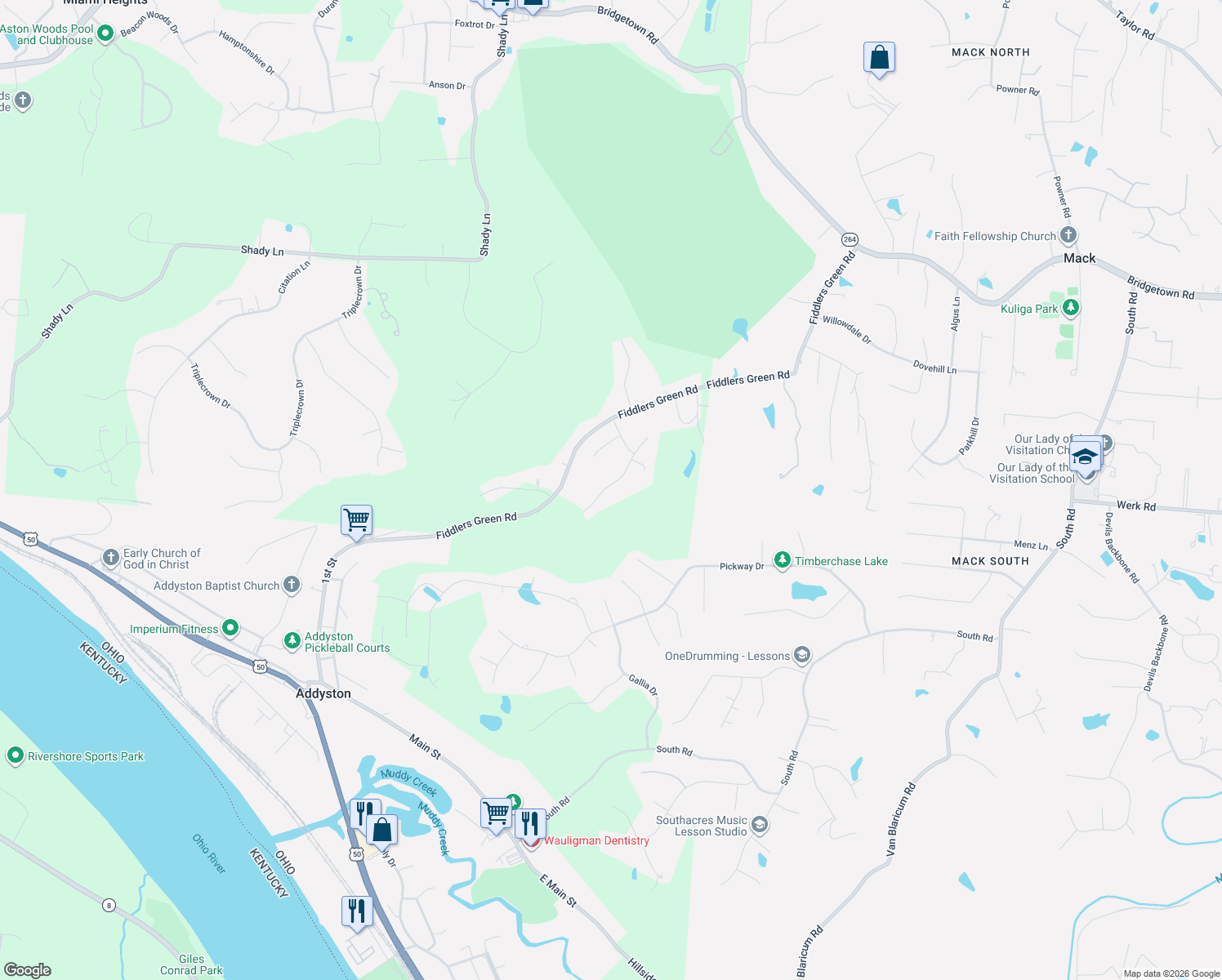 map of restaurants, bars, coffee shops, grocery stores, and more near 3045 Fiddlers Ridge Drive in Cincinnati