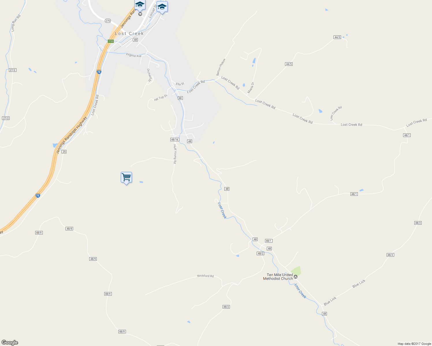 map of restaurants, bars, coffee shops, grocery stores, and more near Johnstown Road in Lost Creek