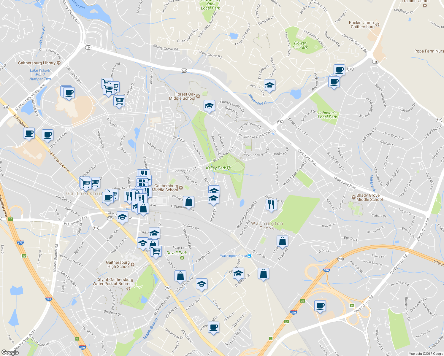 map of restaurants, bars, coffee shops, grocery stores, and more near 36 Steven Court in Gaithersburg