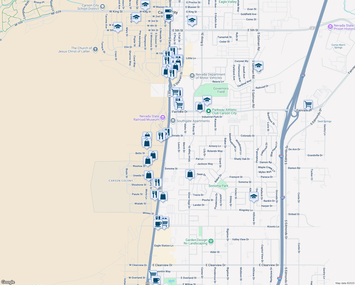map of restaurants, bars, coffee shops, grocery stores, and more near 2400 Lewis Drive in Carson City