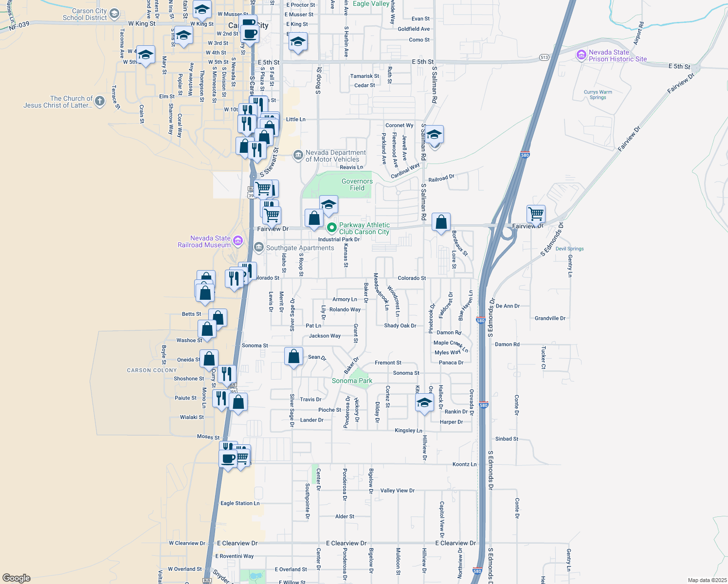 map of restaurants, bars, coffee shops, grocery stores, and more near 2400 Baker Drive in Carson City