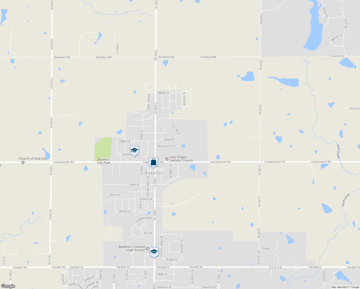 map of restaurants, bars, coffee shops, grocery stores, and more near 15416 Wellington Place Drive in Basehor