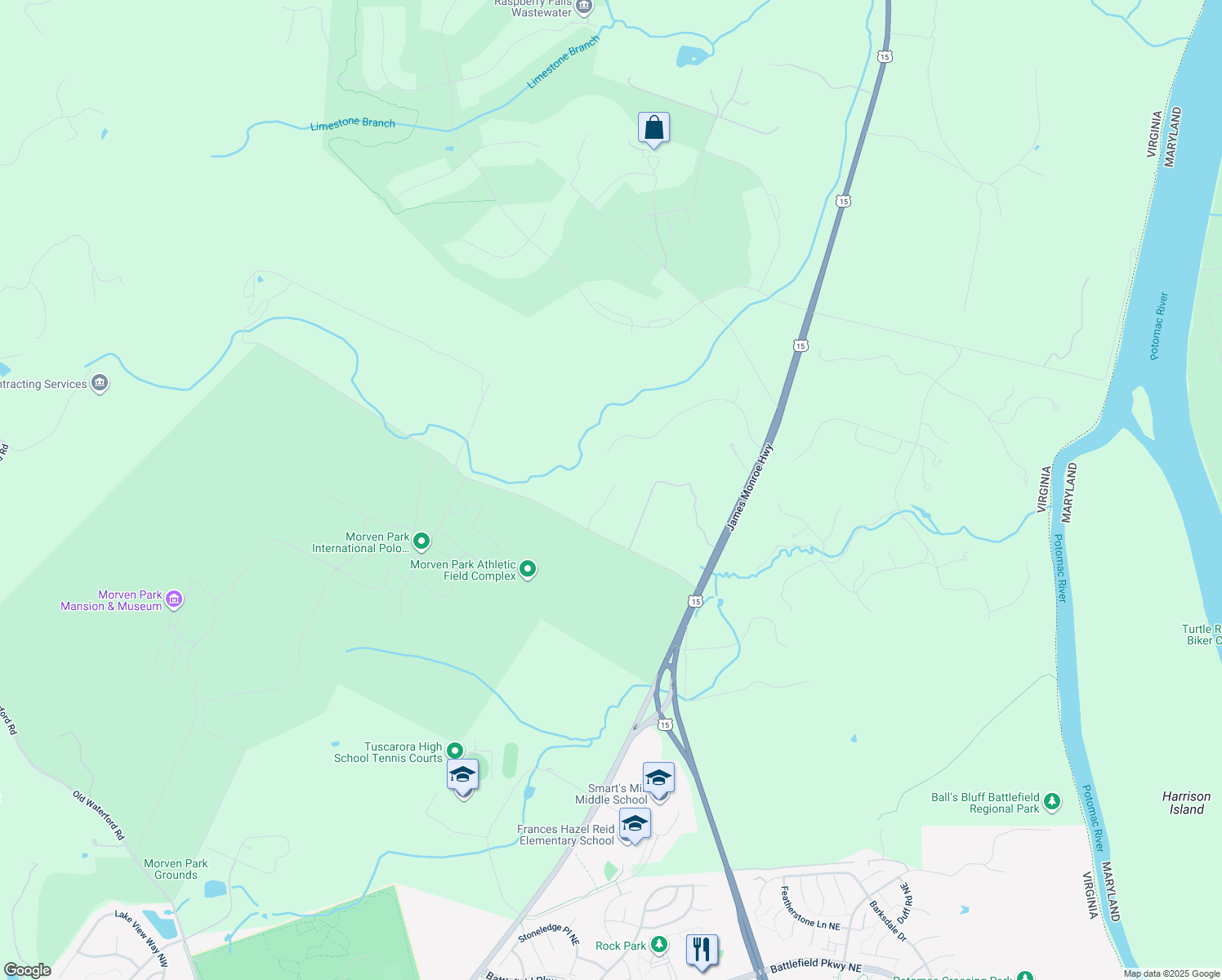 map of restaurants, bars, coffee shops, grocery stores, and more near 41920 Tutt Lane in Leesburg