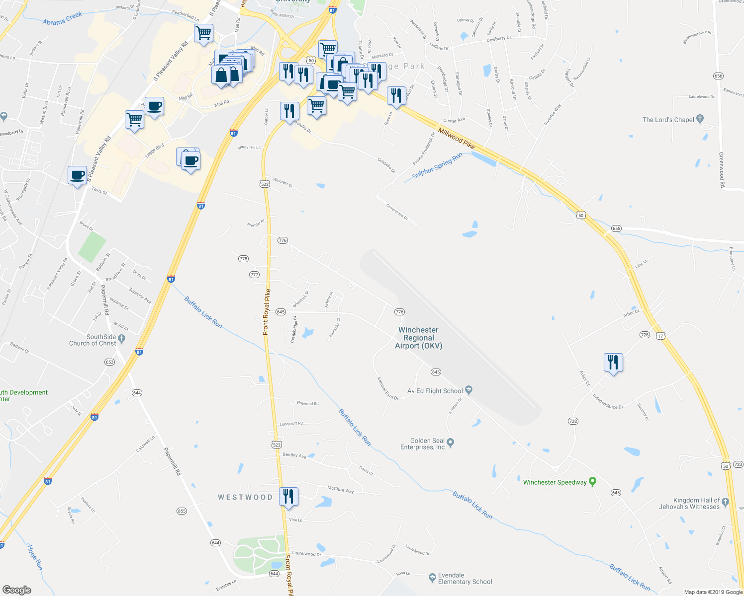 map of restaurants, bars, coffee shops, grocery stores, and more near 382 Bufflick Road in Winchester