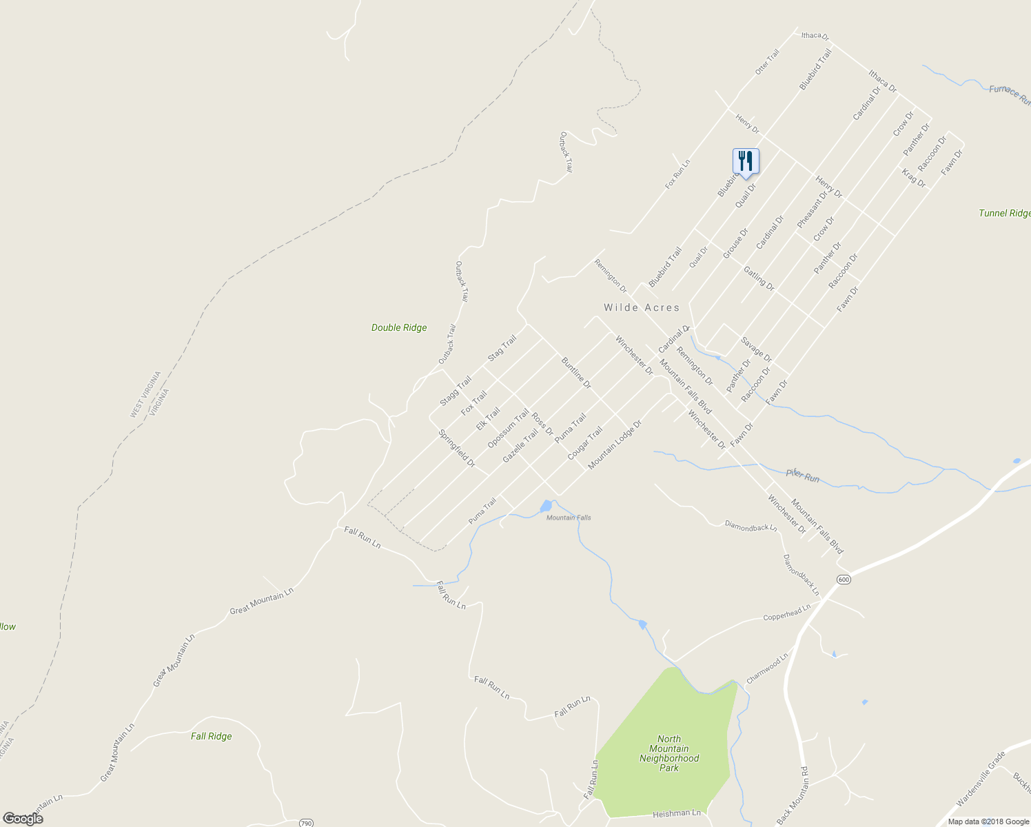 map of restaurants, bars, coffee shops, grocery stores, and more near 304 Opossum Trail in Winchester