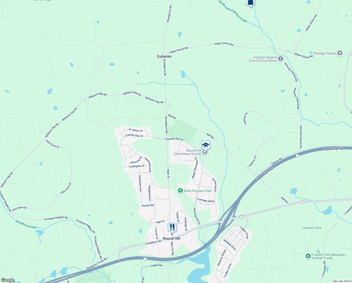 map of restaurants, bars, coffee shops, grocery stores, and more near 35748 Winslow Court in Round Hill