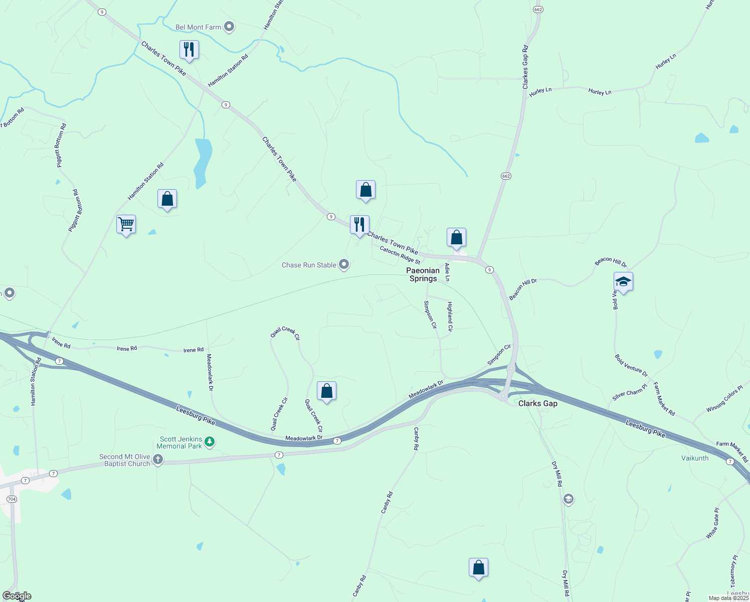 map of restaurants, bars, coffee shops, grocery stores, and more near 39955 Peacock Circle in Paeonian Springs