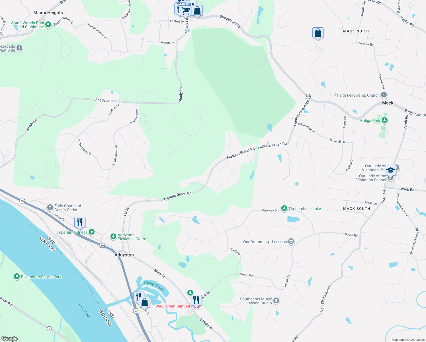 map of restaurants, bars, coffee shops, grocery stores, and more near 3043 Fiddlers Green Road in Cincinnati