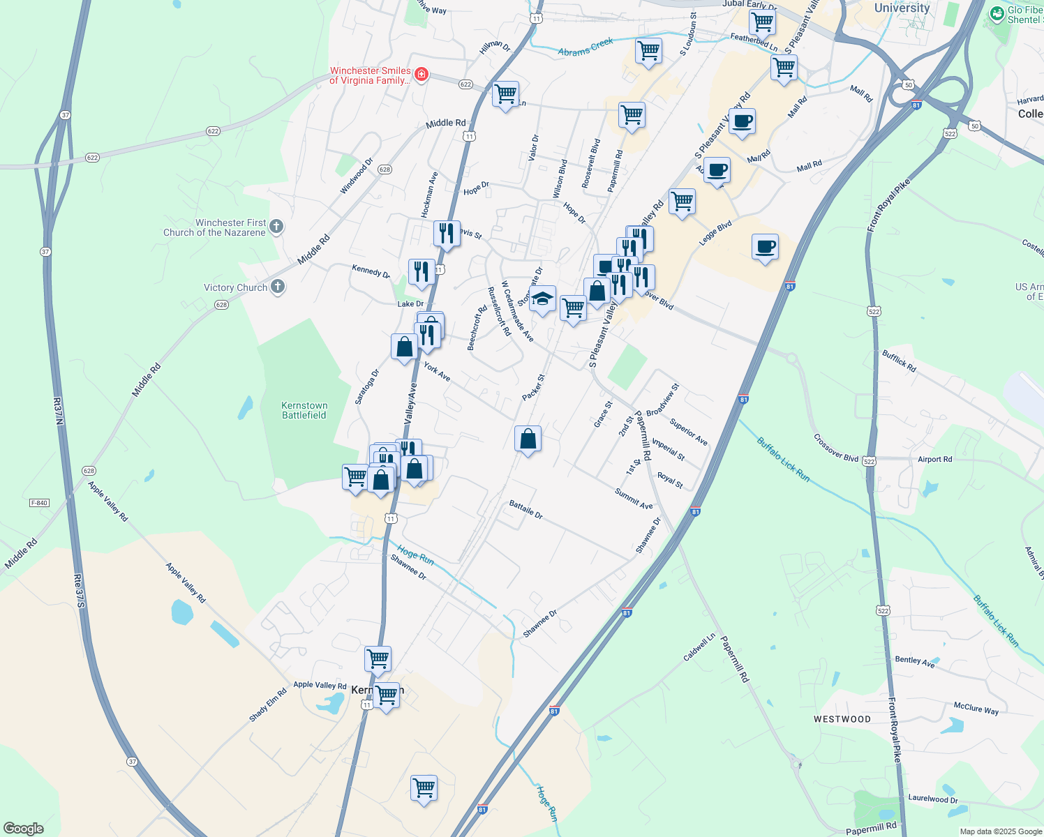 map of restaurants, bars, coffee shops, grocery stores, and more near 2890 Packer St in Winchester