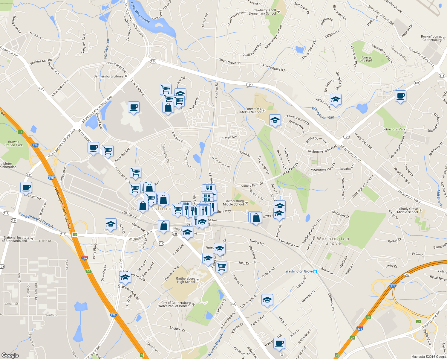 map of restaurants, bars, coffee shops, grocery stores, and more near 325 North Summit Avenue in Gaithersburg