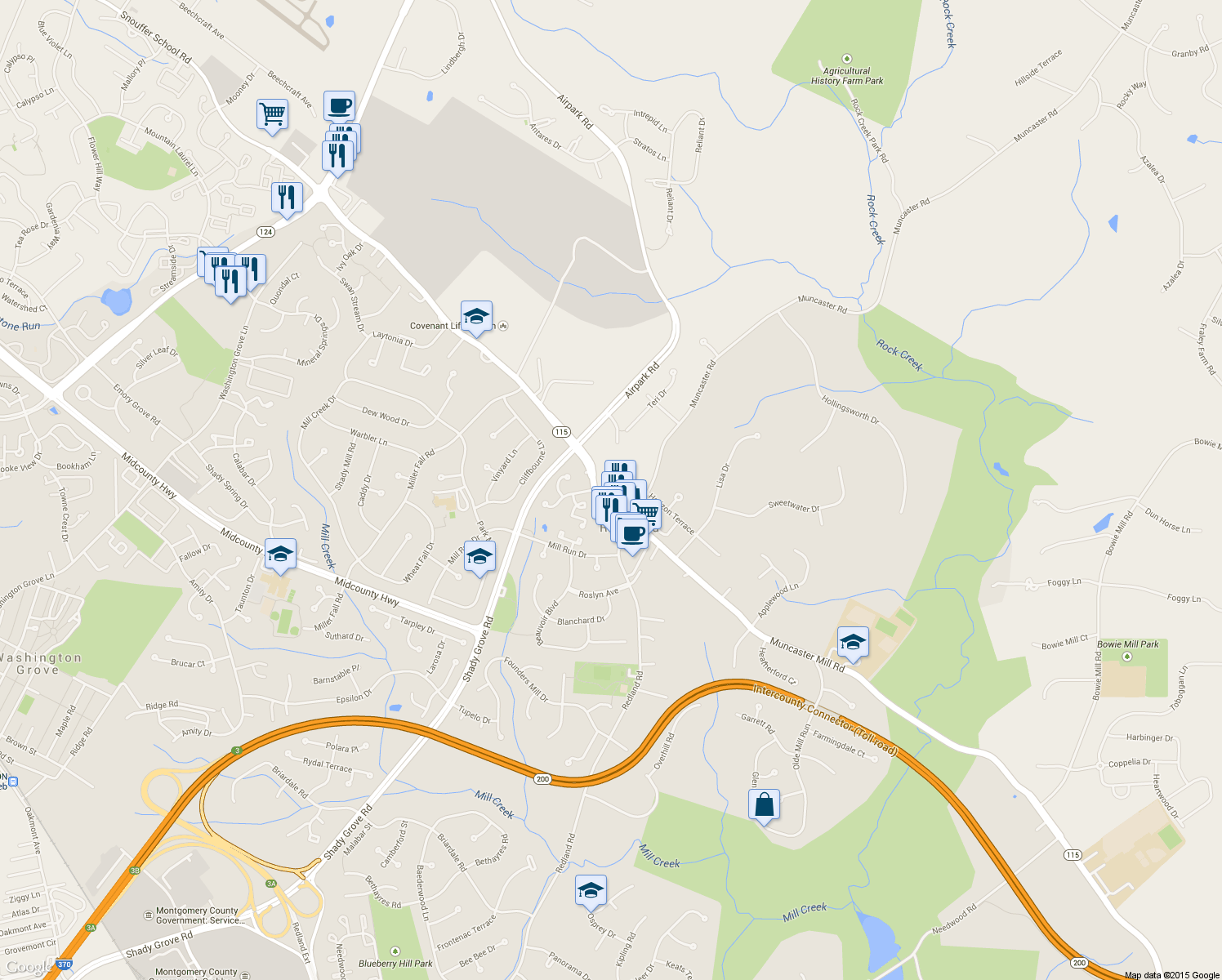 map of restaurants, bars, coffee shops, grocery stores, and more near 17748 Phelps Hill Lane in Derwood