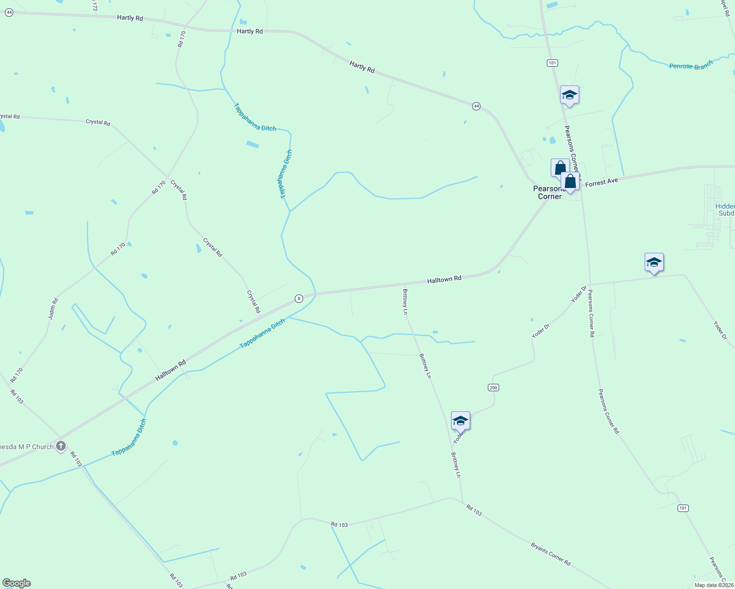 map of restaurants, bars, coffee shops, grocery stores, and more near 5402 Halltown Rd in Hartly