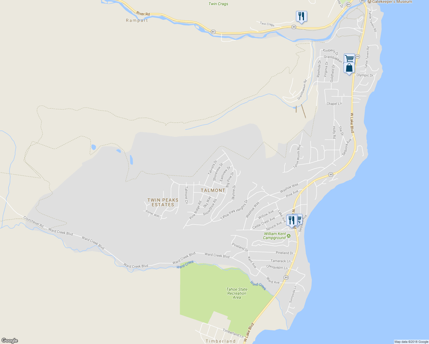 map of restaurants, bars, coffee shops, grocery stores, and more near 302 Shoreview Drive in Tahoe City