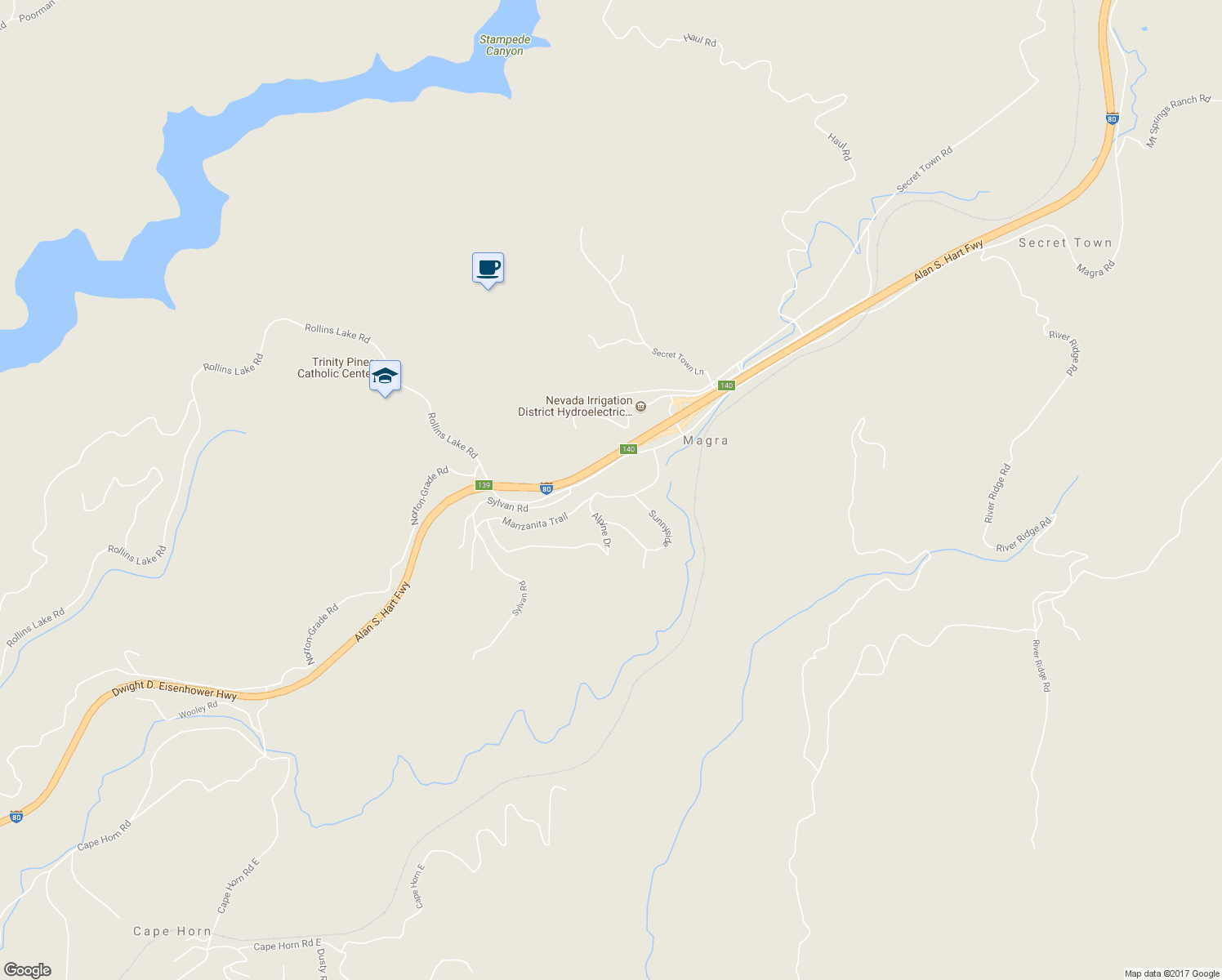 map of restaurants, bars, coffee shops, grocery stores, and more near 220 Alpine Drive in Colfax