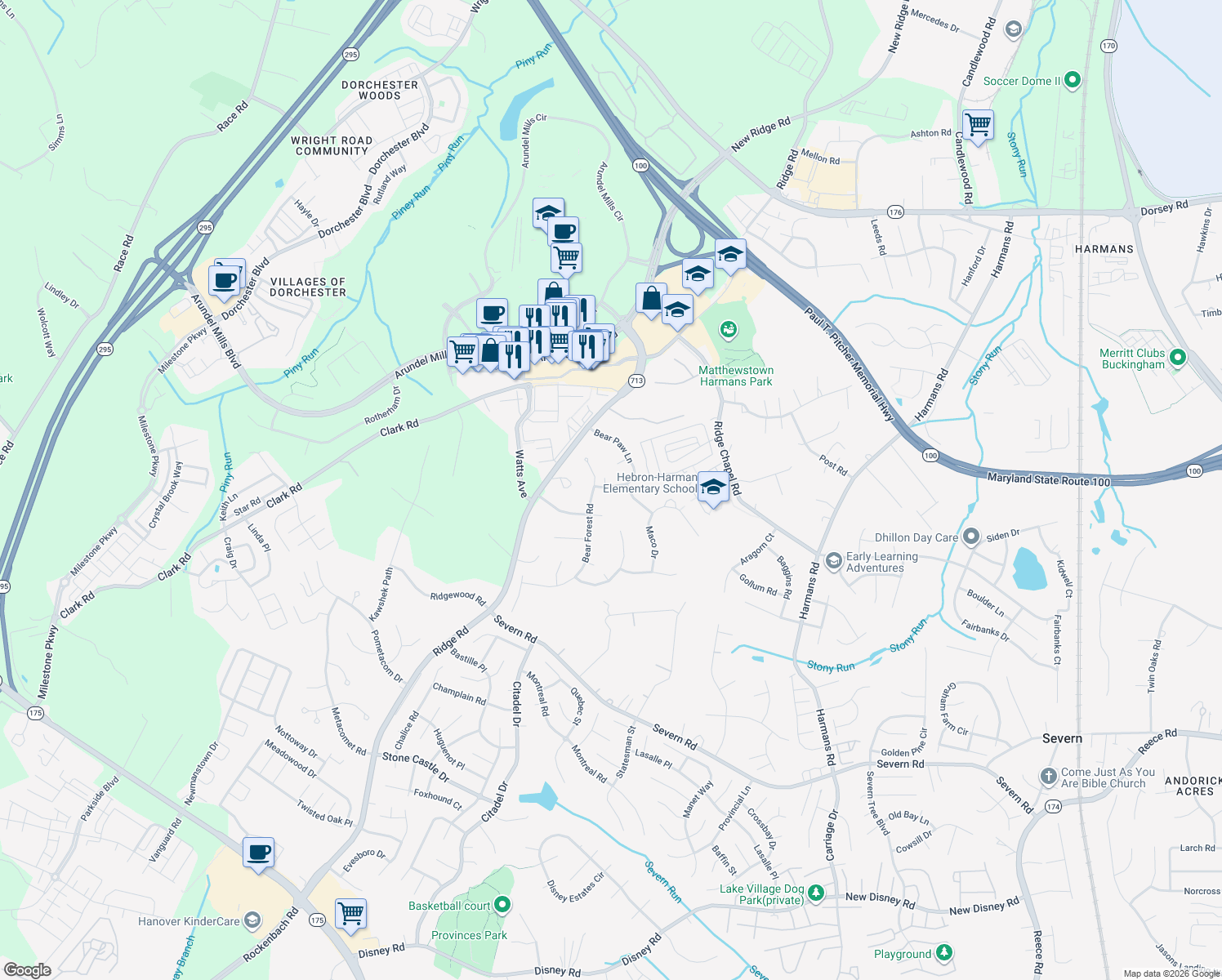 map of restaurants, bars, coffee shops, grocery stores, and more near 1605 Bear Paw Lane in Hanover