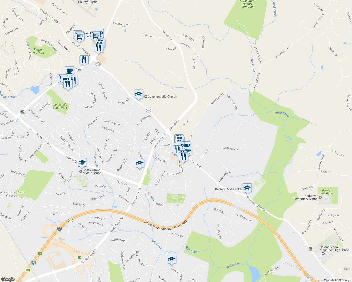 map of restaurants, bars, coffee shops, grocery stores, and more near 17610 Phelps Hill Lane in Derwood