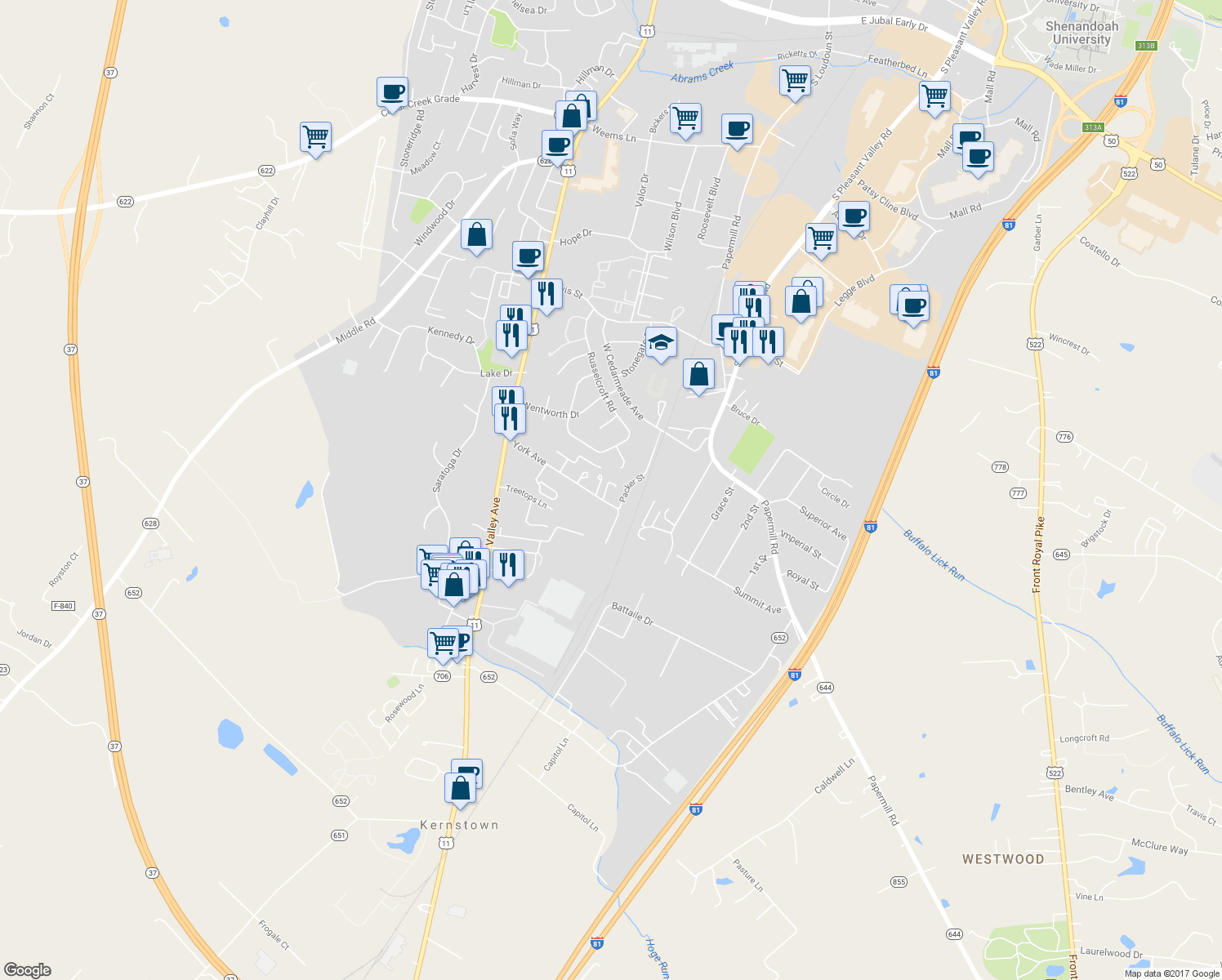map of restaurants, bars, coffee shops, grocery stores, and more near 2872 Sheffield Court in Winchester