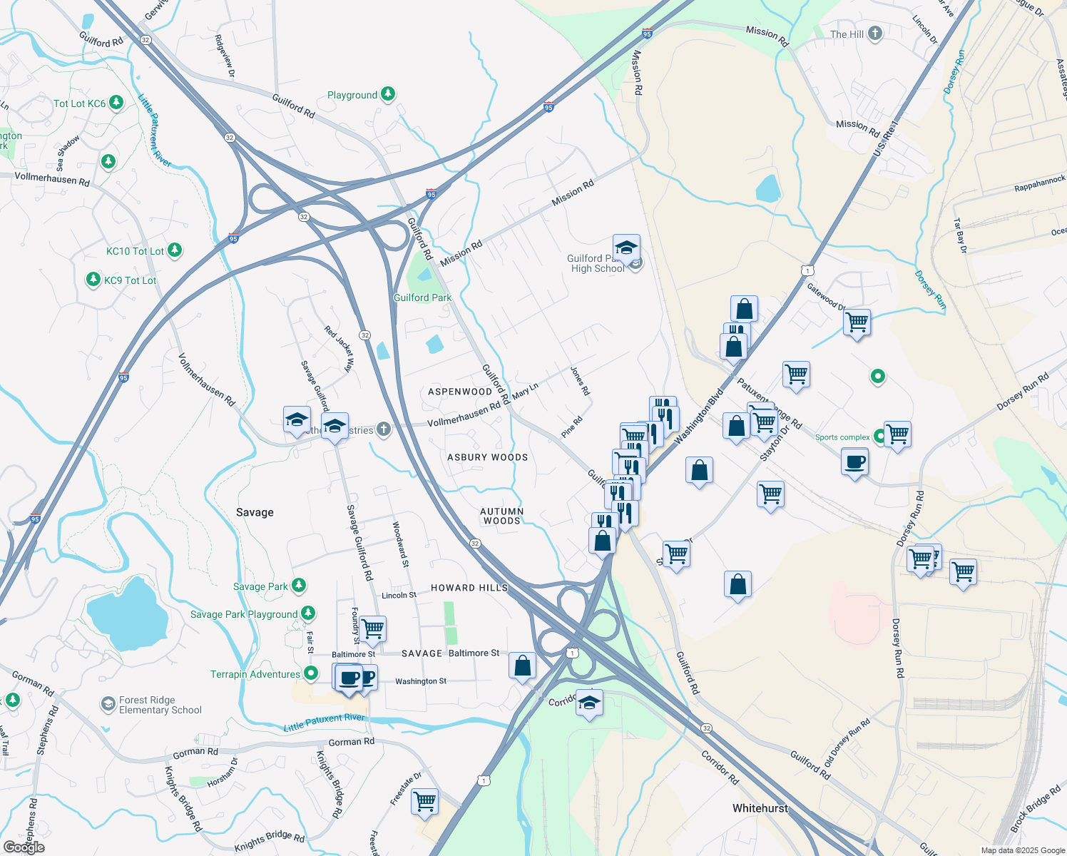 map of restaurants, bars, coffee shops, grocery stores, and more near 10122 Guilford Rd in Jessup
