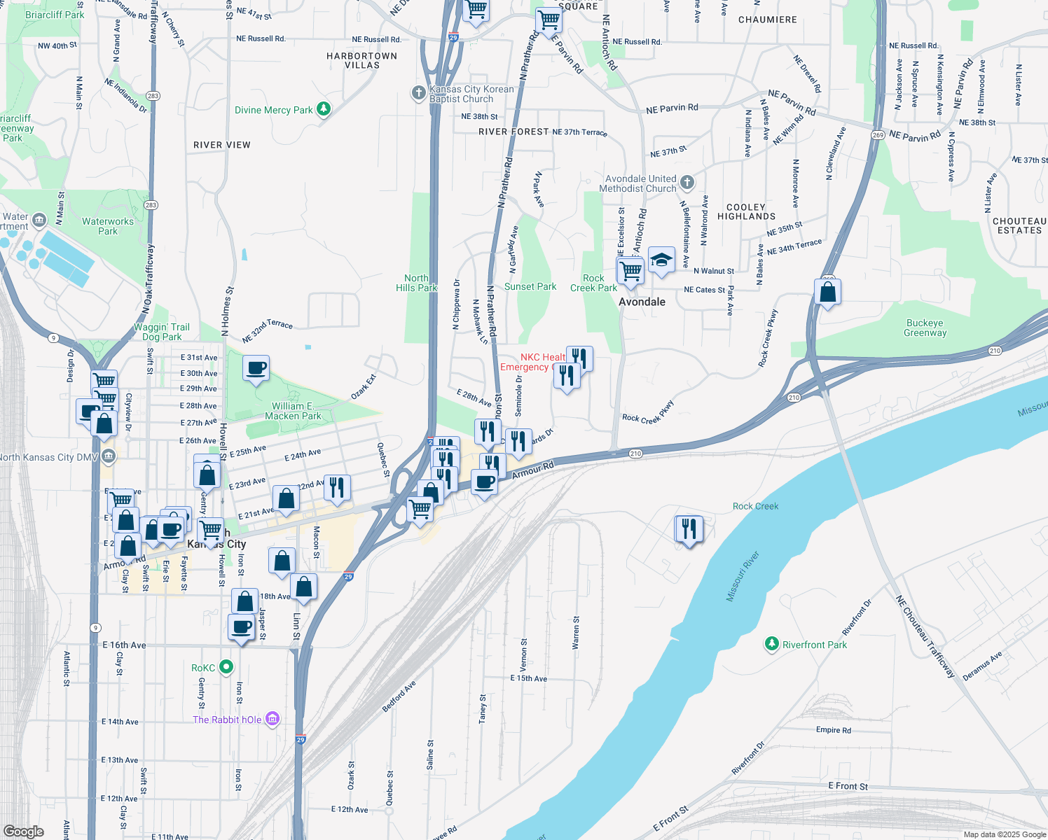 map of restaurants, bars, coffee shops, grocery stores, and more near 2611 Seminole Dr in Kansas City