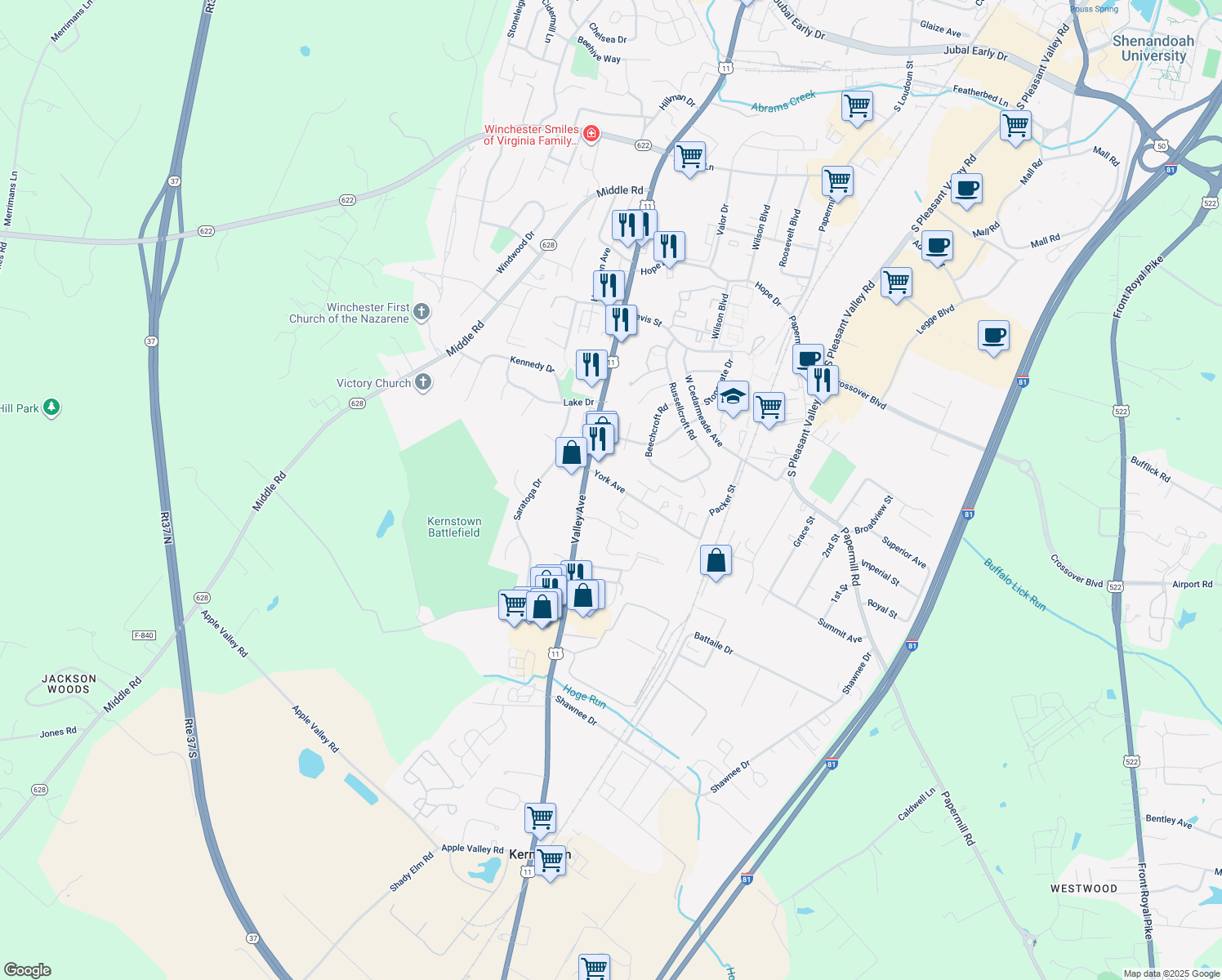 map of restaurants, bars, coffee shops, grocery stores, and more near 567 York Avenue in Winchester
