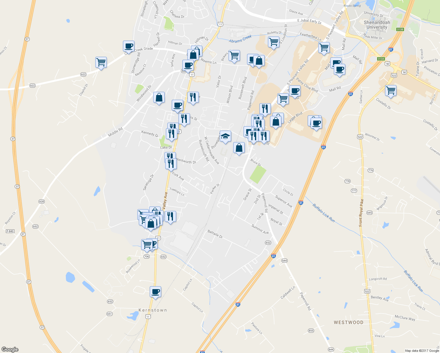 map of restaurants, bars, coffee shops, grocery stores, and more near 2849 Packer Street in Winchester