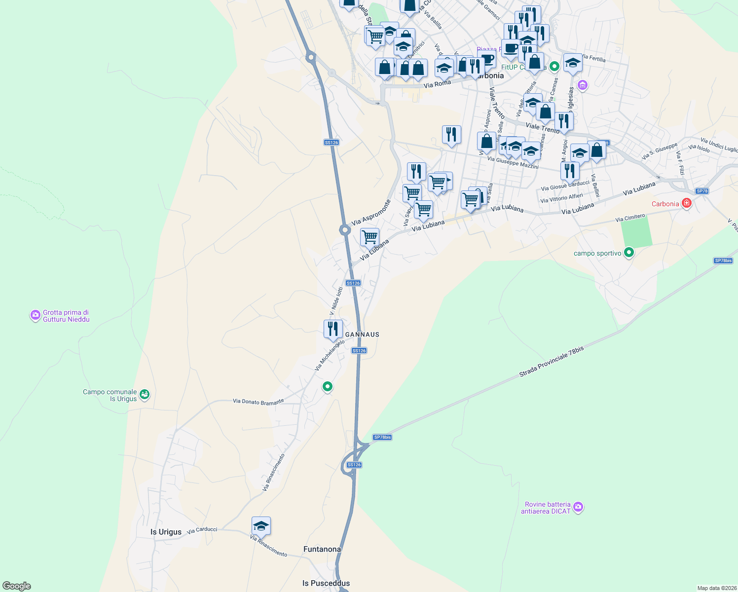 map of restaurants, bars, coffee shops, grocery stores, and more near 8 Via Solki in Carbonia