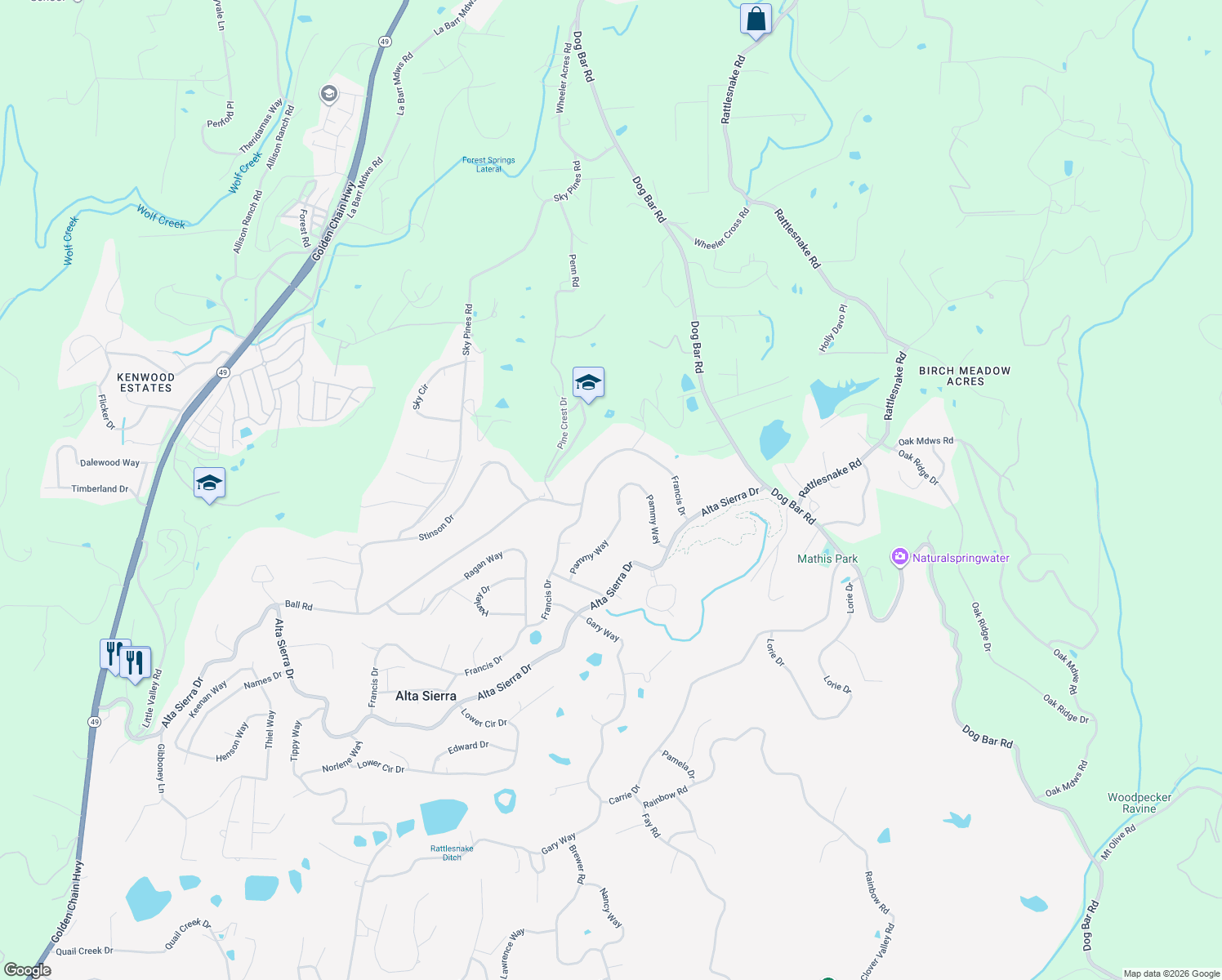 map of restaurants, bars, coffee shops, grocery stores, and more near 14880 Pammy Way in Grass Valley