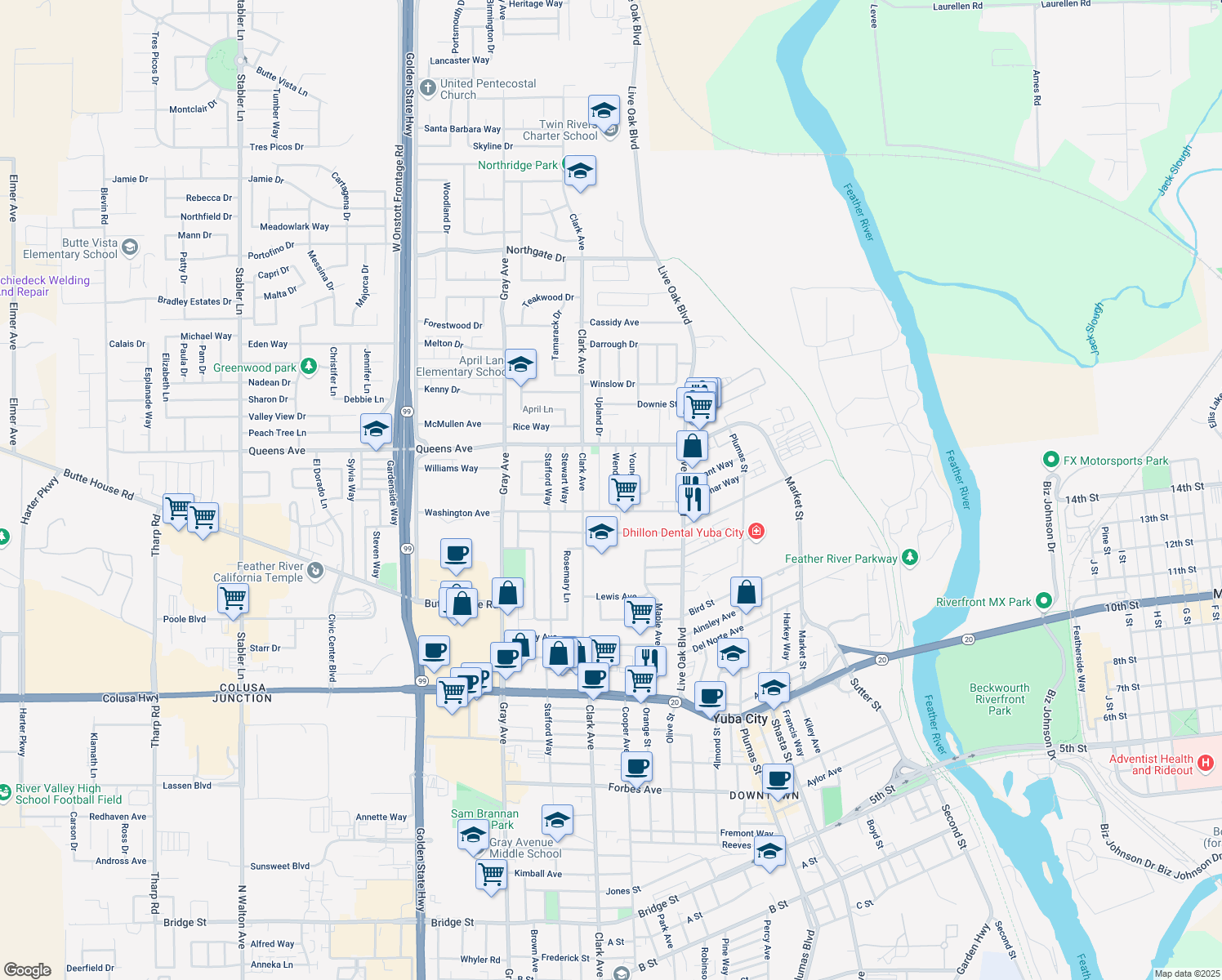 map of restaurants, bars, coffee shops, grocery stores, and more near 1428 Wendell Way in Yuba City