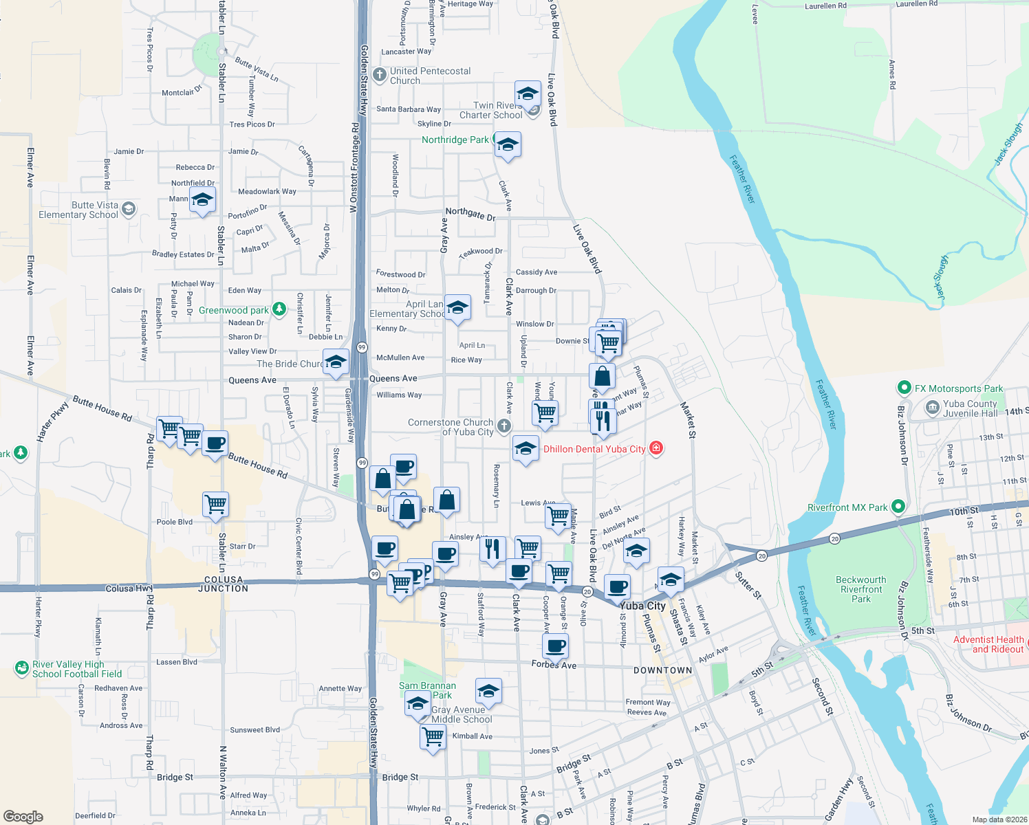 map of restaurants, bars, coffee shops, grocery stores, and more near 1431 Clark Avenue in Yuba City