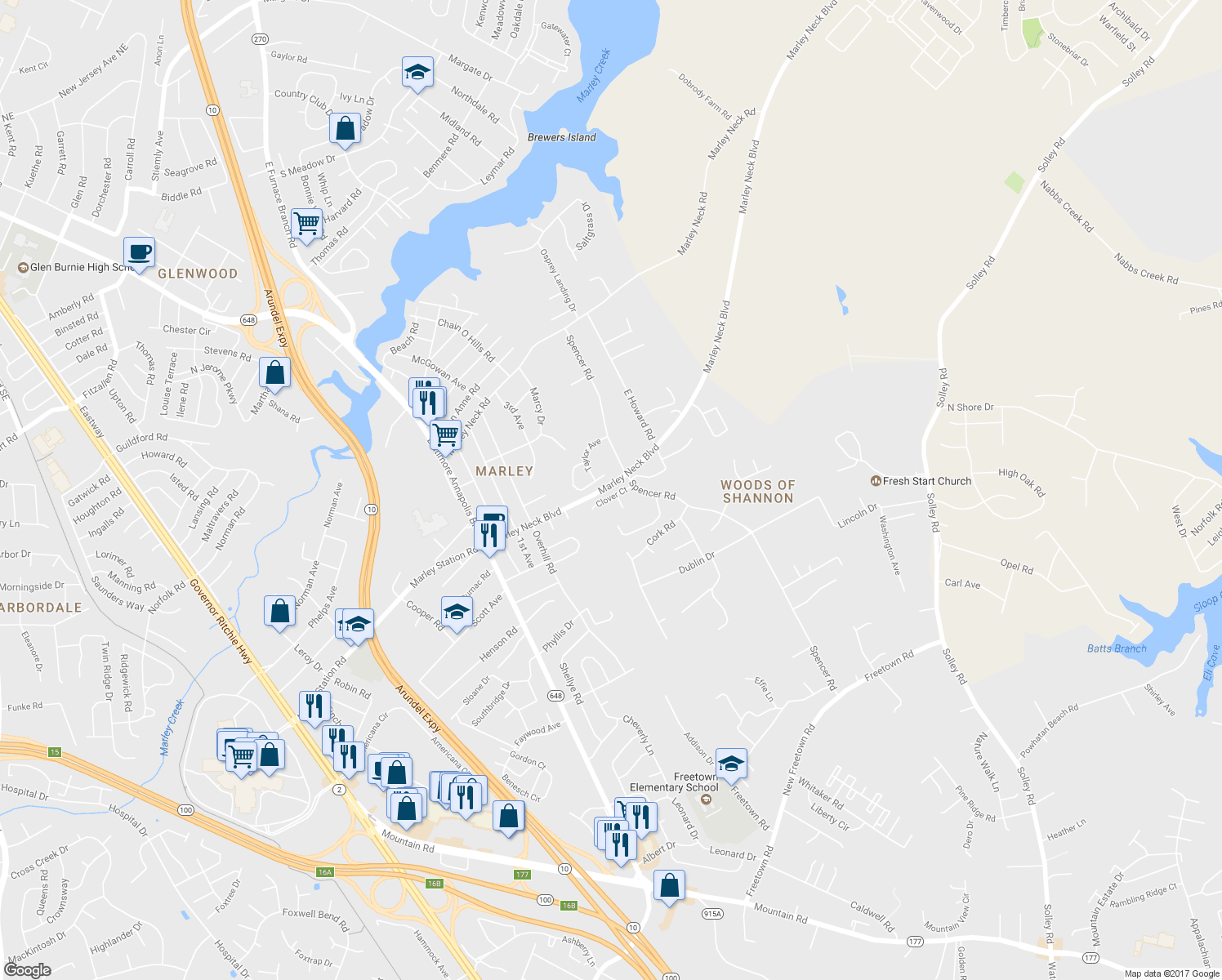 map of restaurants, bars, coffee shops, grocery stores, and more near 368 Clover Court in Glen Burnie