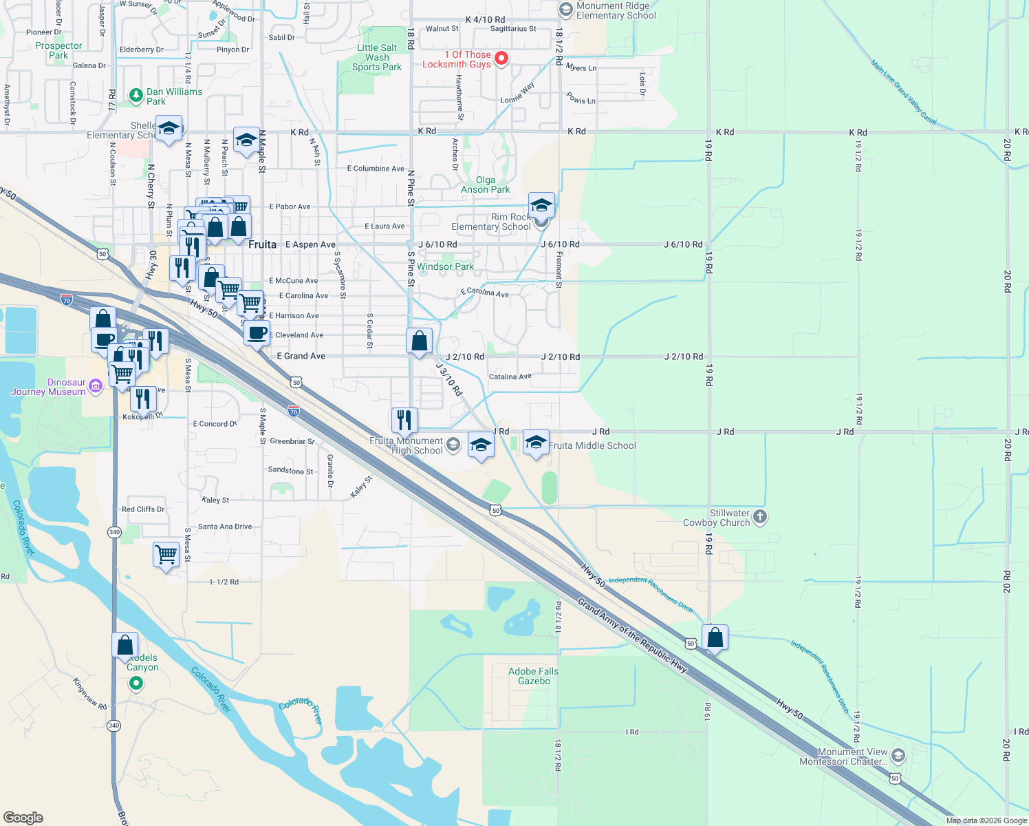 map of restaurants, bars, coffee shops, grocery stores, and more near 1834 J Road in Fruita