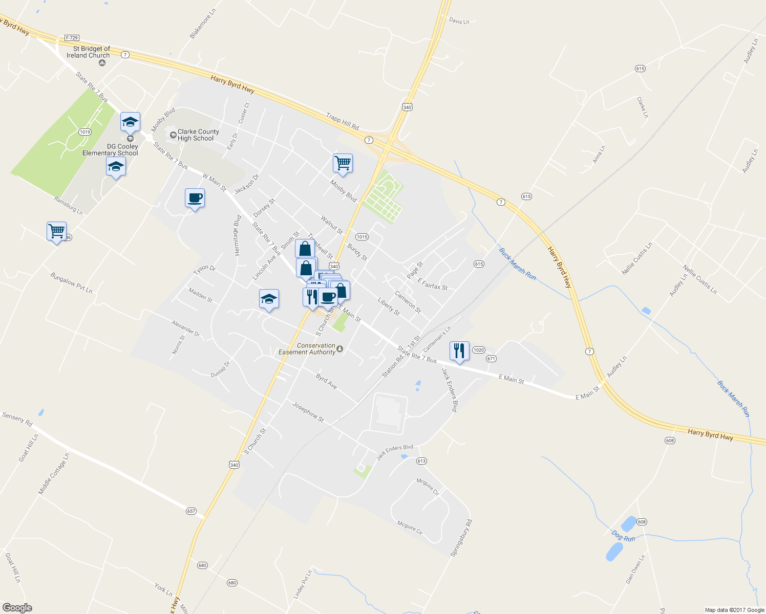 map of restaurants, bars, coffee shops, grocery stores, and more near 28 Page Street in Berryville