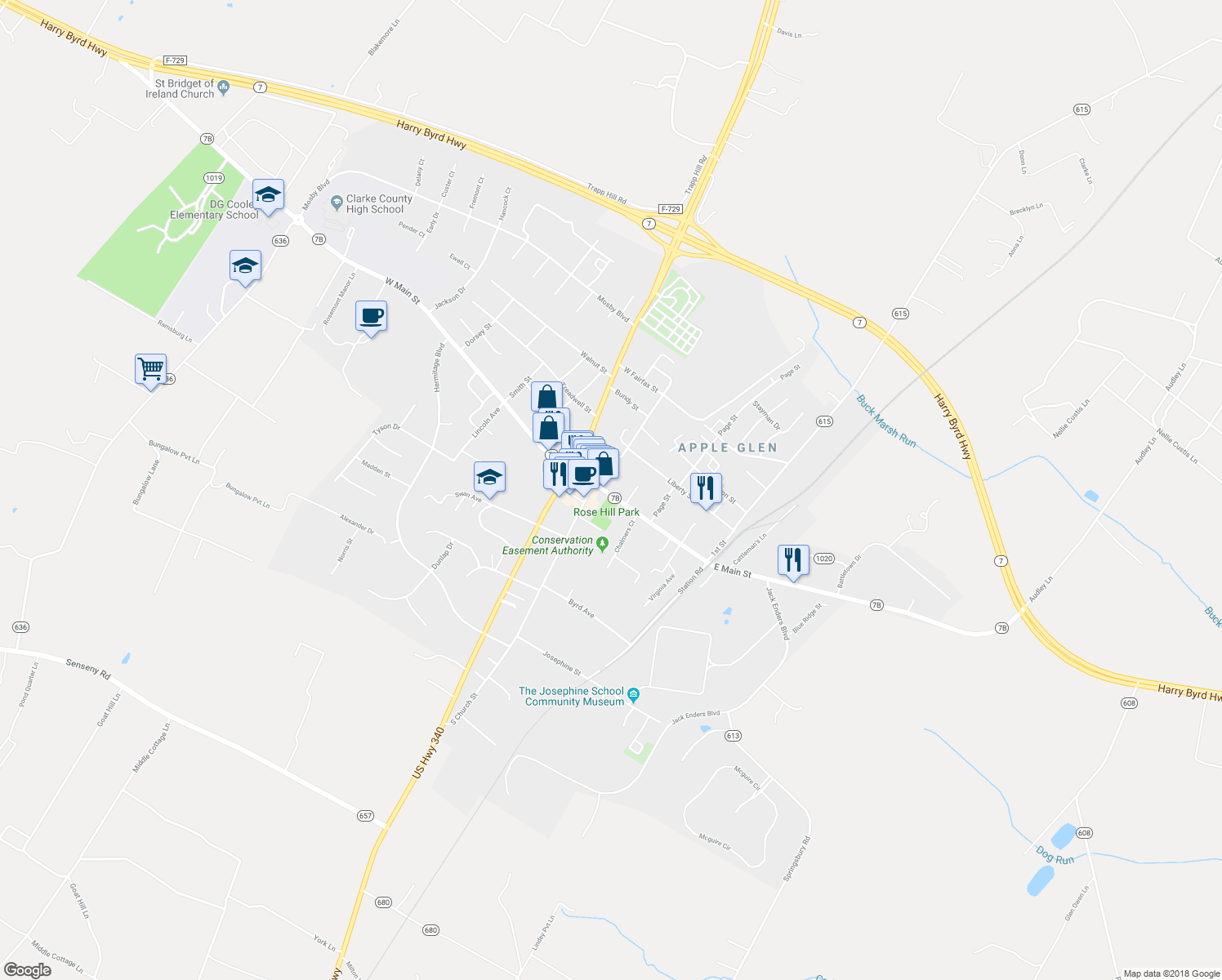 map of restaurants, bars, coffee shops, grocery stores, and more near 20 East Main Street in Berryville
