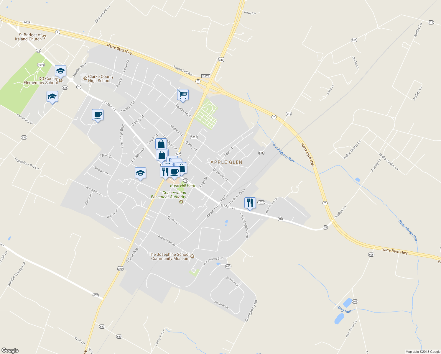 map of restaurants, bars, coffee shops, grocery stores, and more near 241 Cameron Street in Berryville